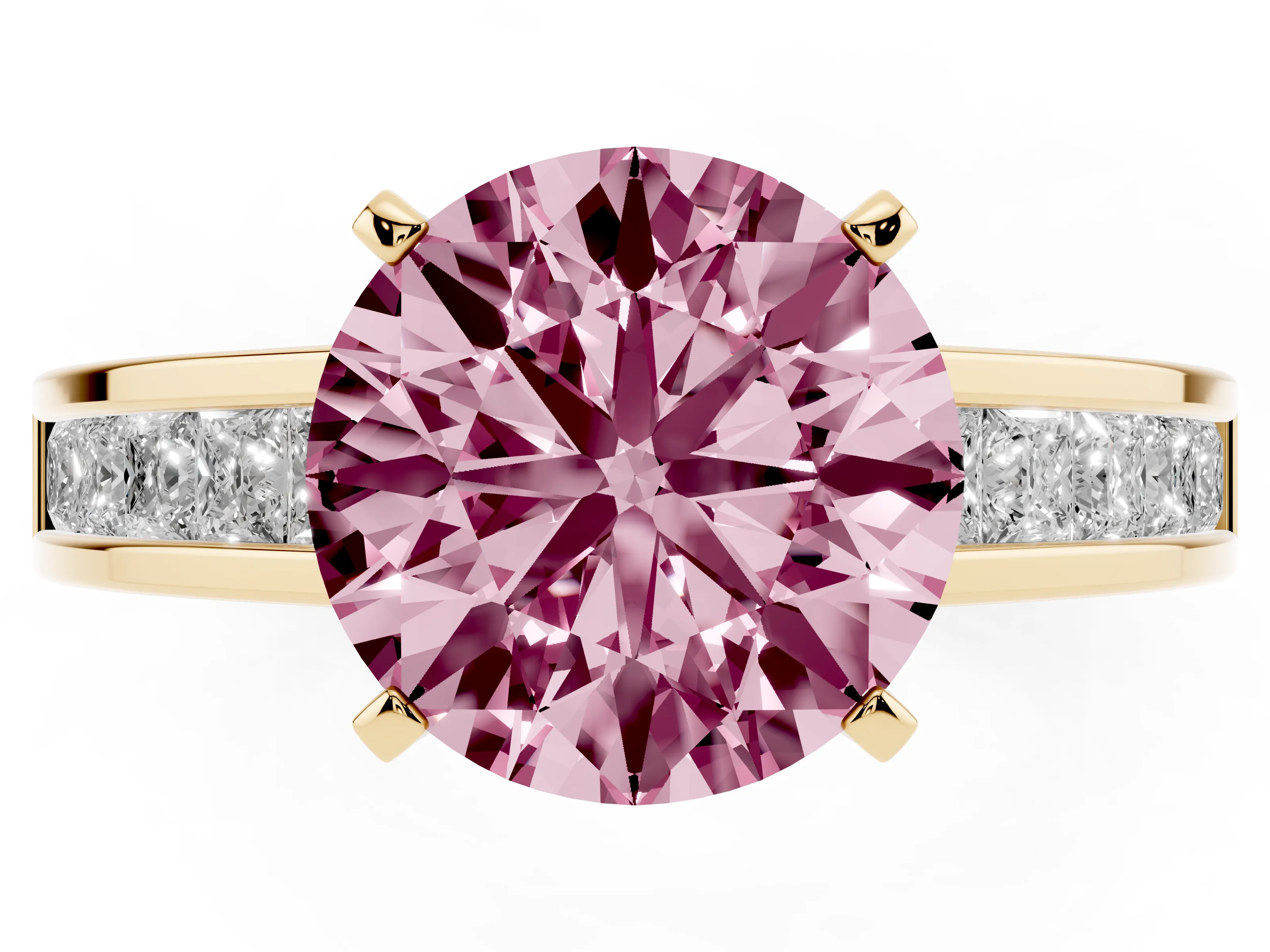 Fancy Pink Round Cut Diamond Solitaire Ring Set in Yellow gold with Channel-Set Band and Prong Setting