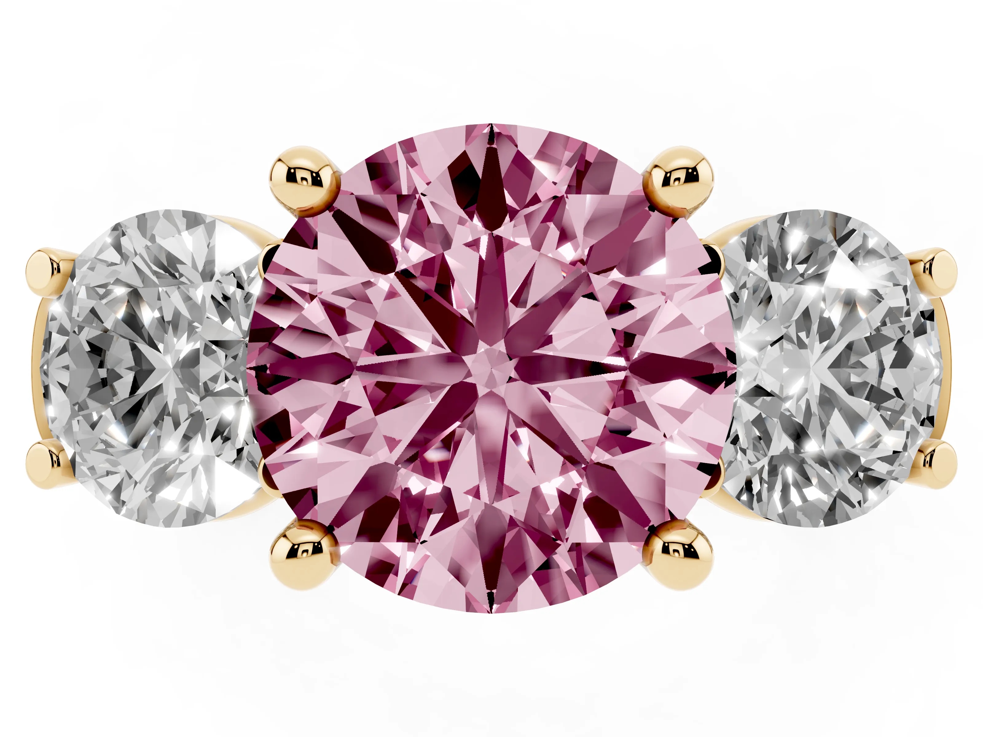 Fancy Pink Round Cut Diamond Three-Stone Trellis Ring Set in Yellow gold with Comfort Fit Band