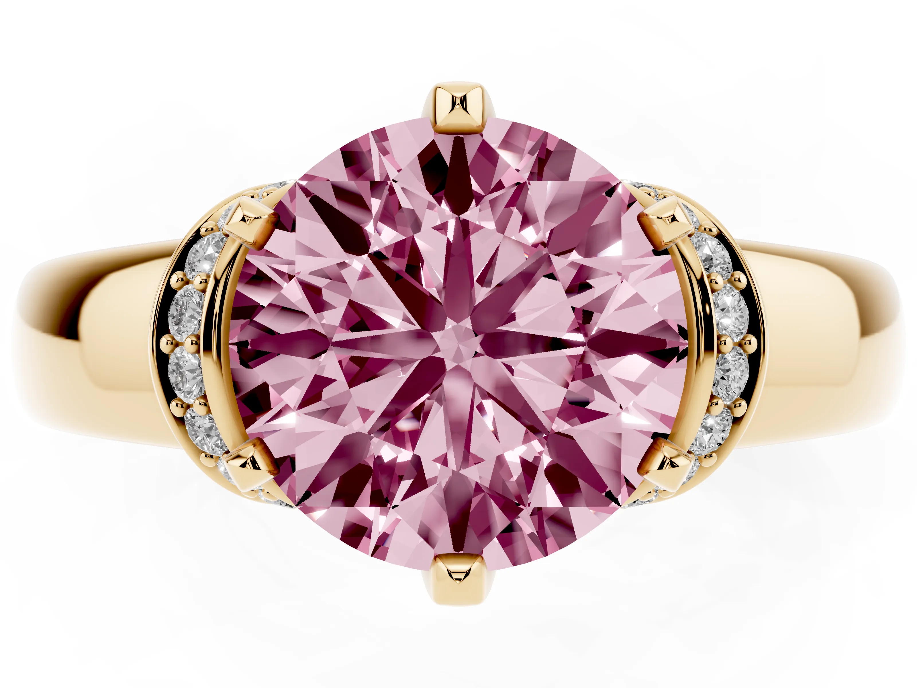 Fancy Pink Round Cut Diamond Pavé Band Solitaire Ring Set in Yellow gold with Prong Setting