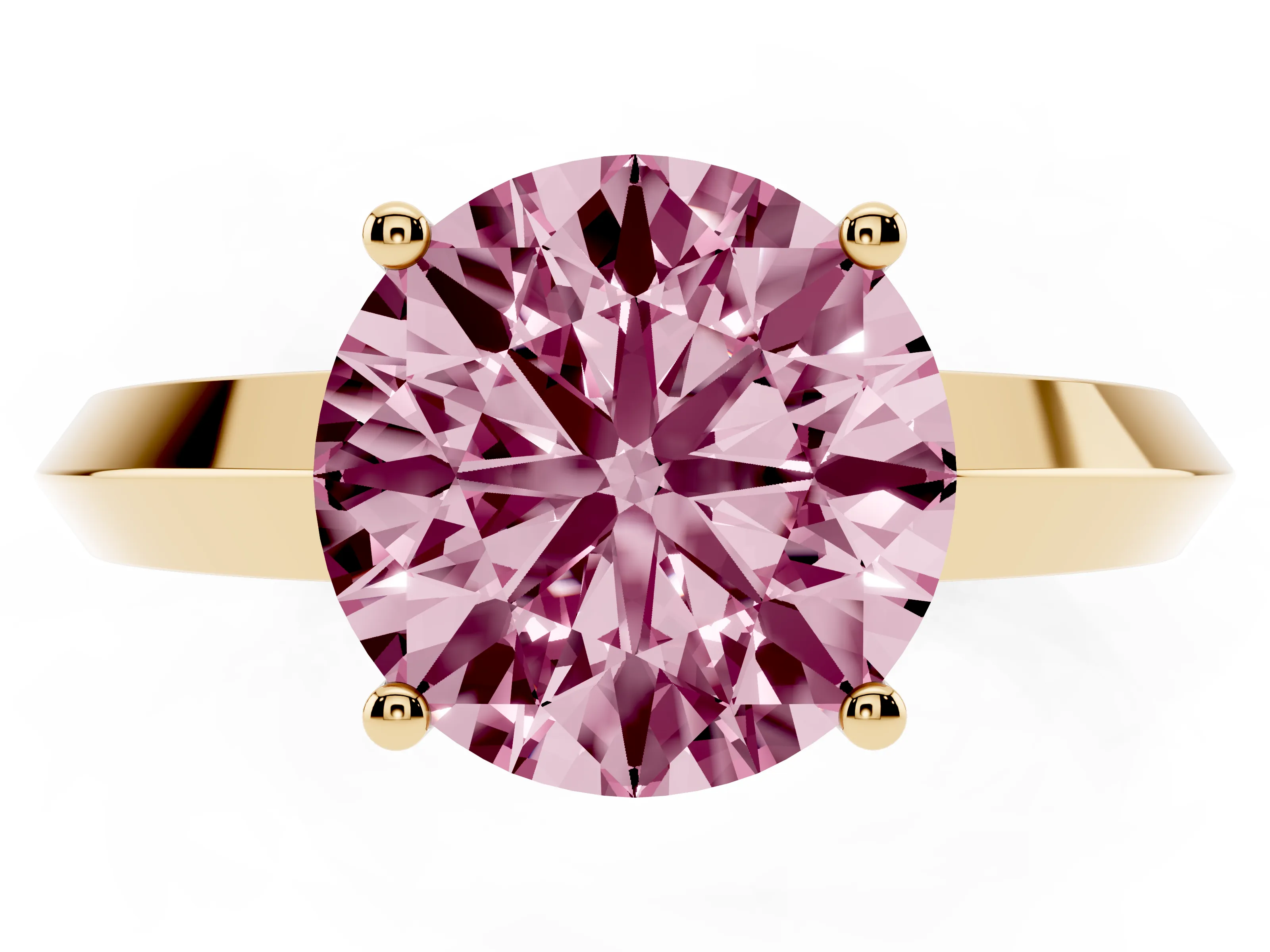 Fancy Pink Round Cut Diamond Solitaire Engagement Ring Set in Yellow gold with Flat Band and Prong Setting