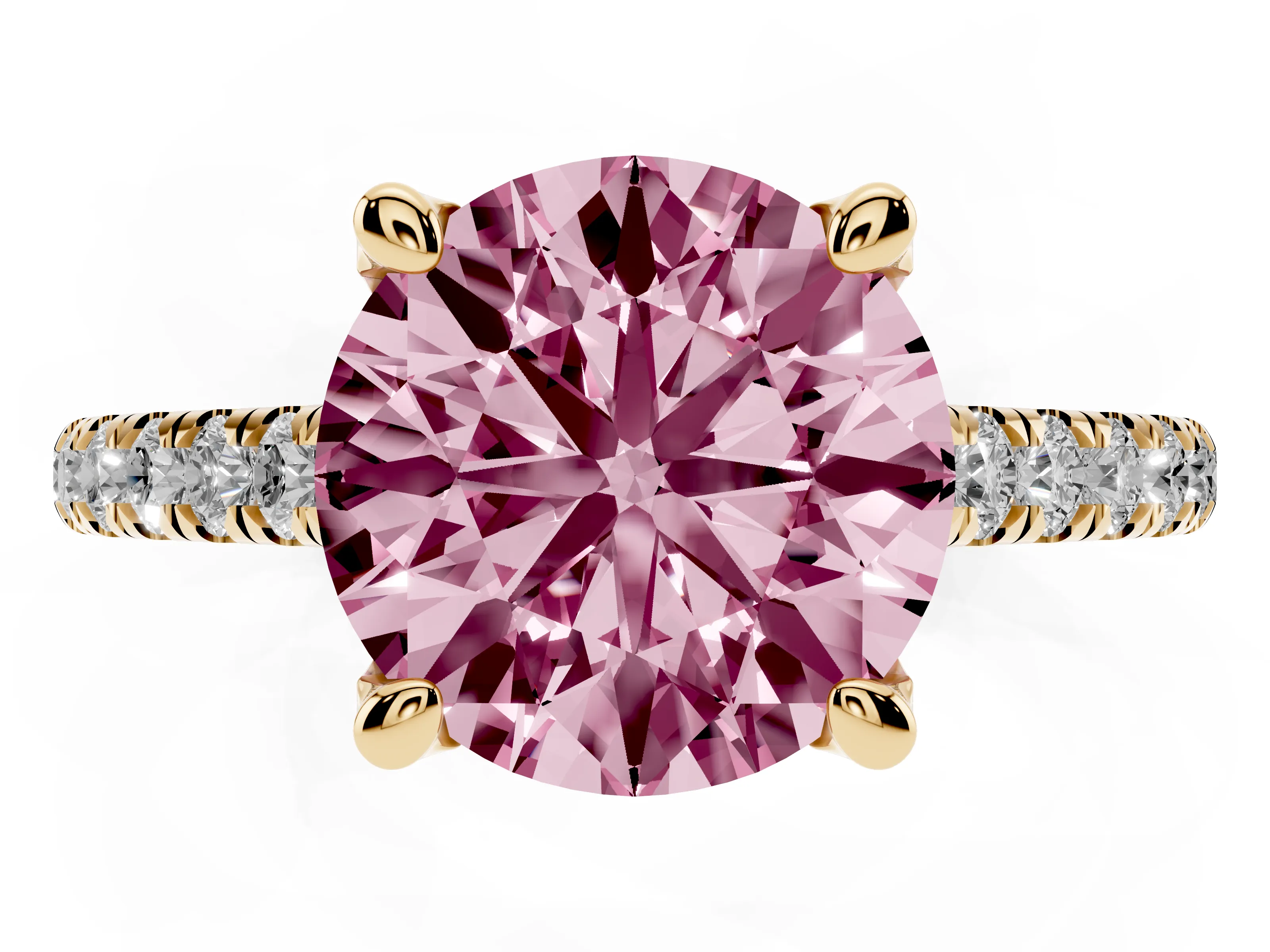 Fancy Pink Round Cut Diamond Solitaire Ring Set in Yellow gold with Brilliant Pavé Band and Prong Setting