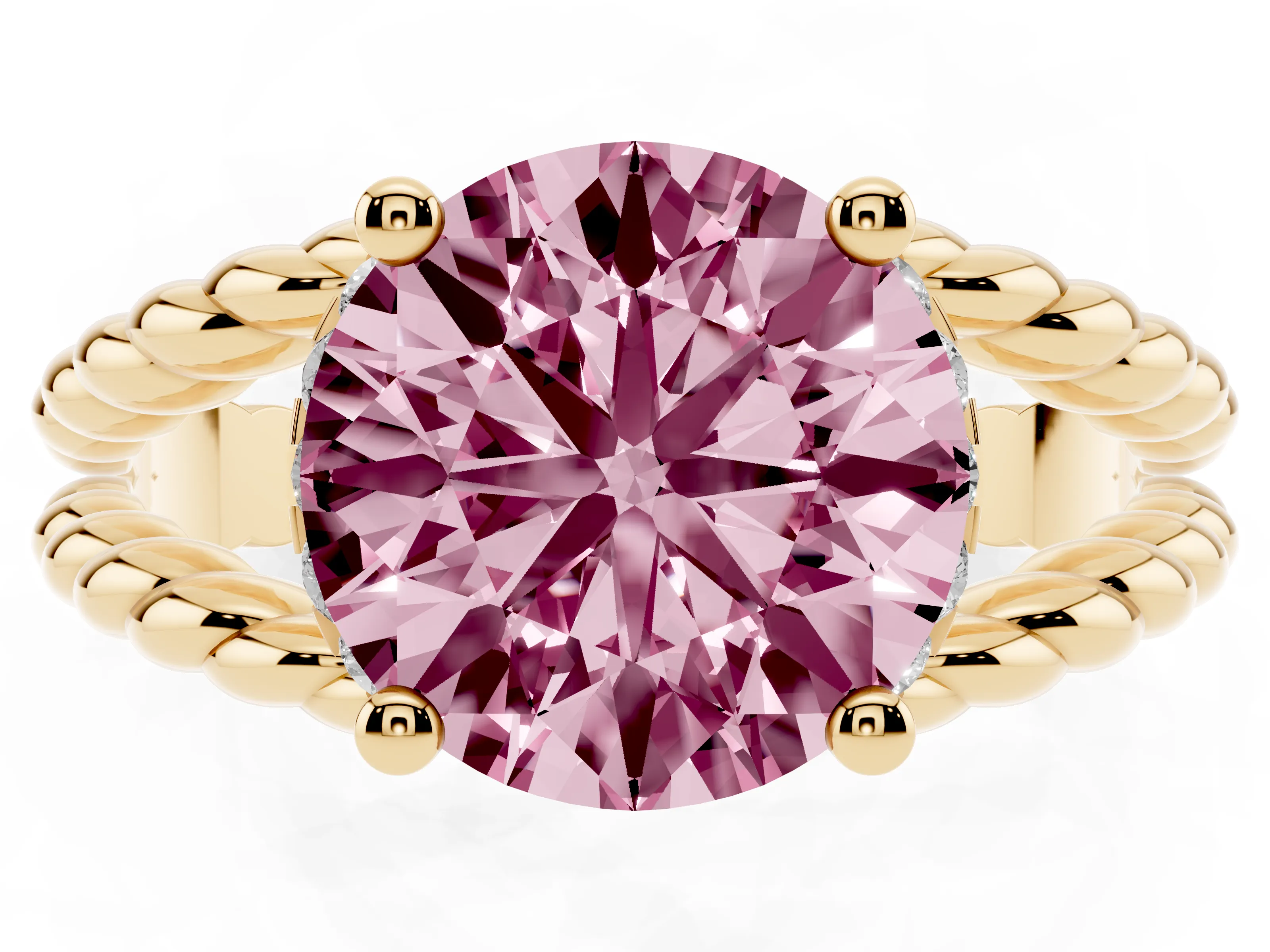 Fancy Pink Round Cut Diamond Halo Ring Set in Yellow gold with Twisted Band and Prong Setting