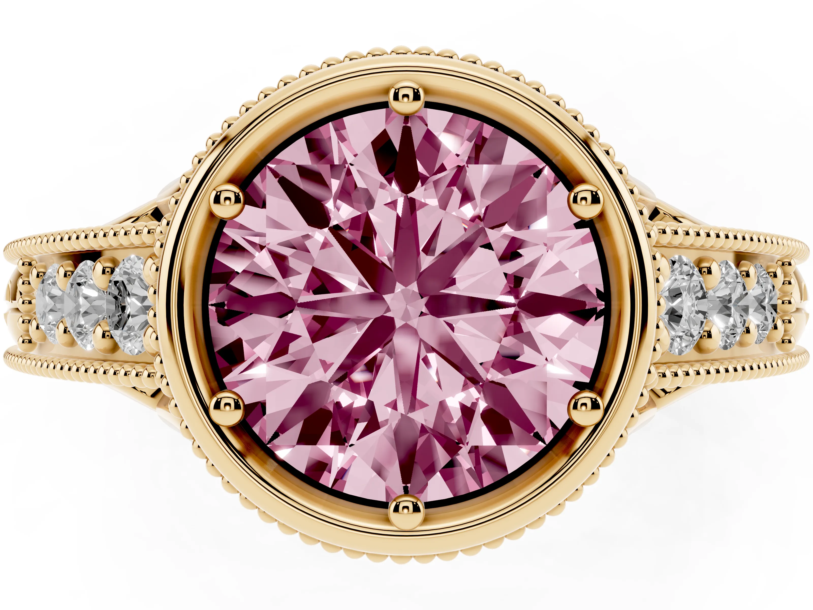 Fancy Pink Bezel Set Round Cut Diamond Milgrain Pavé Engagement Ring Set in Yellow gold