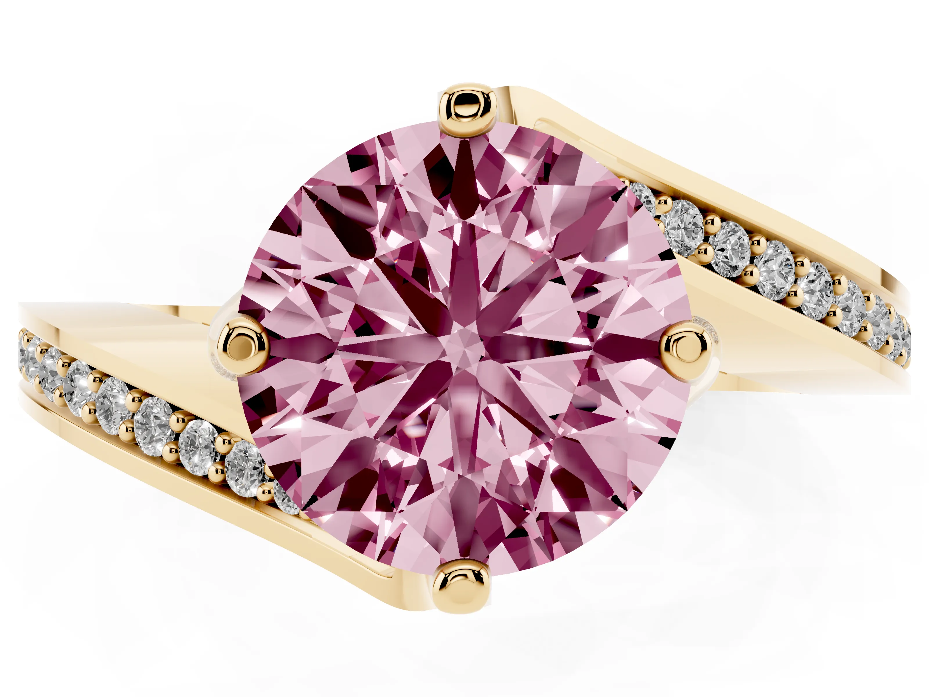 Fancy Pink Round Cut Diamond Solitaire Ring Set in Yellow gold with Intertwined Pavé Twist Band