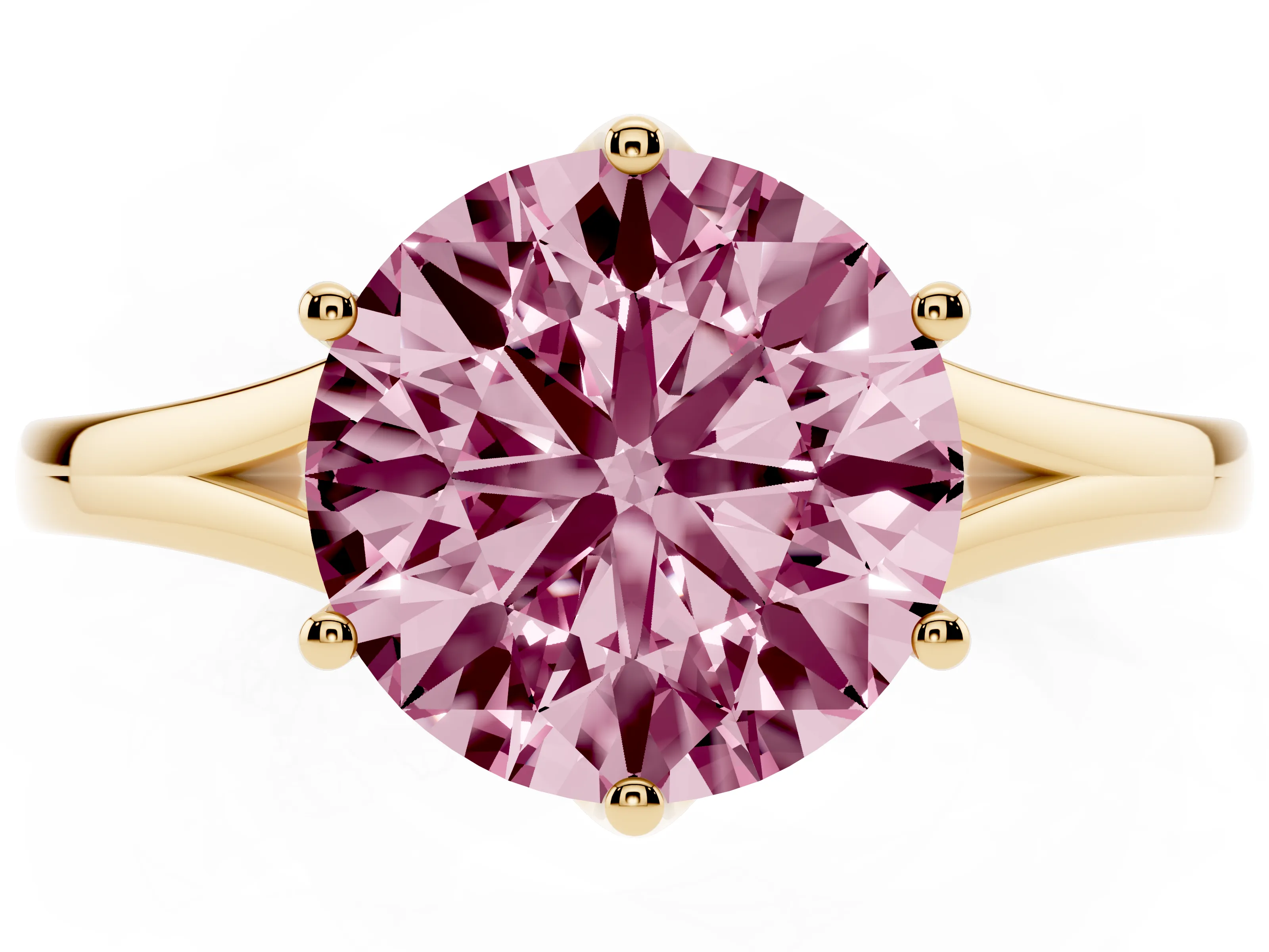 Fancy Pink Round Cut Diamond Solitaire Ring Set in Yellow gold with Polished Tapered Band and Prong Setting