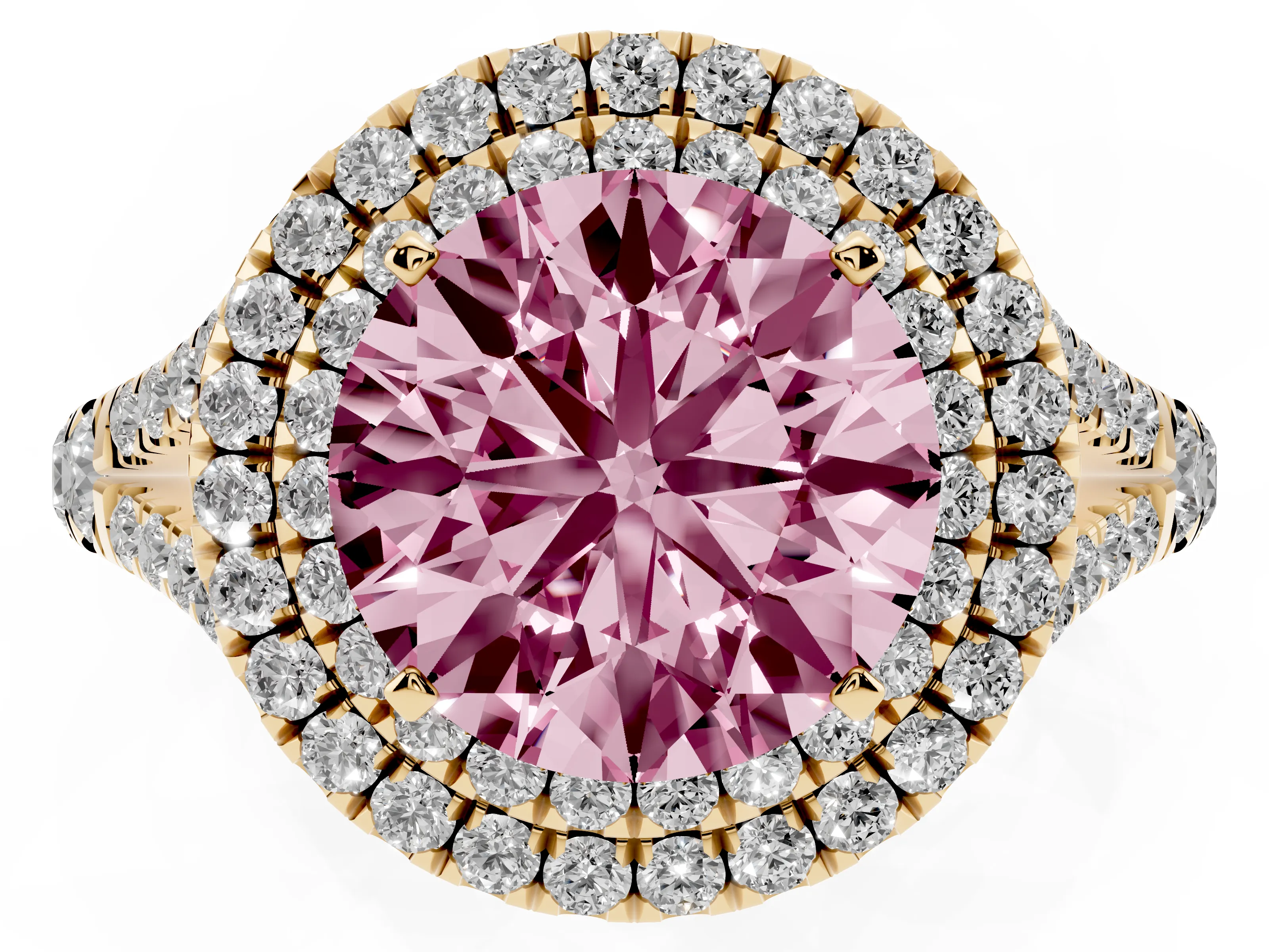 Fancy Pink Round Cut Diamond Pavé Split Shank Double Halo Engagement Ring Set in Yellow gold
