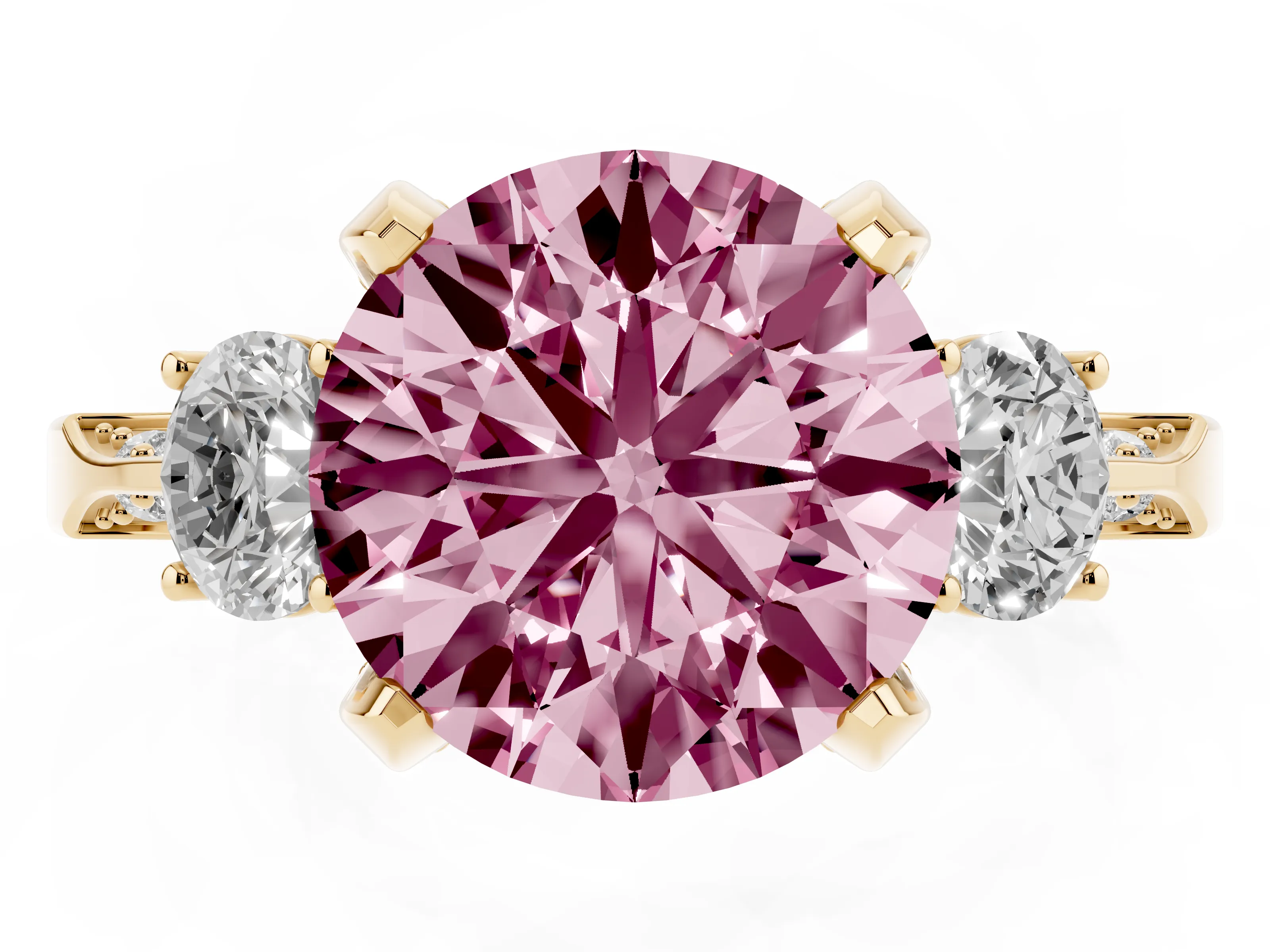 Fancy Pink Round Cut Diamond Three-Stone Ring Set in Yellow gold with Pavé Band and Smaller Side Stones