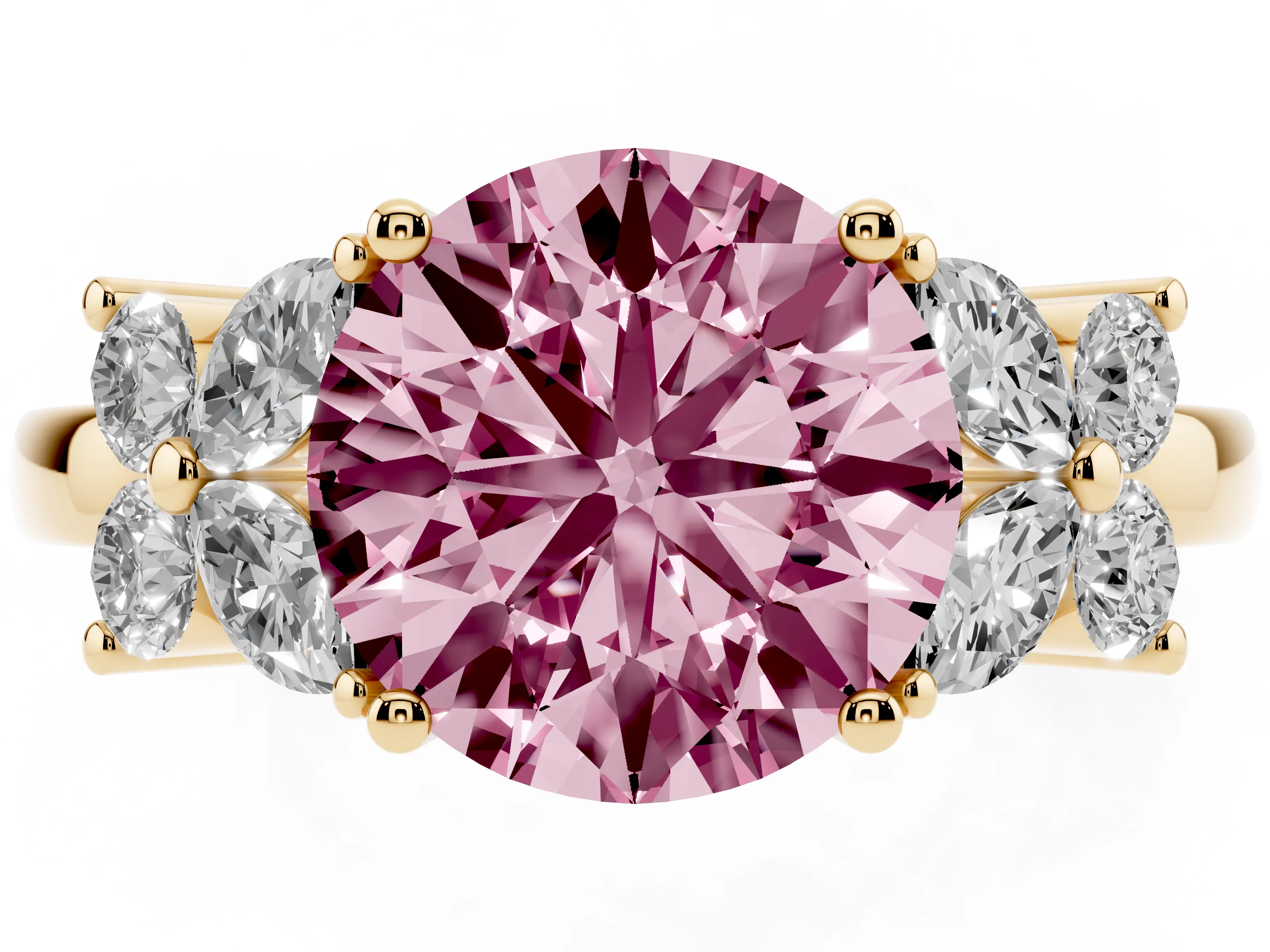 Fancy Pink Round Cut Diamond Floral Cluster Ring Set in Yellow gold with Marquise Petals and Prong Setting
