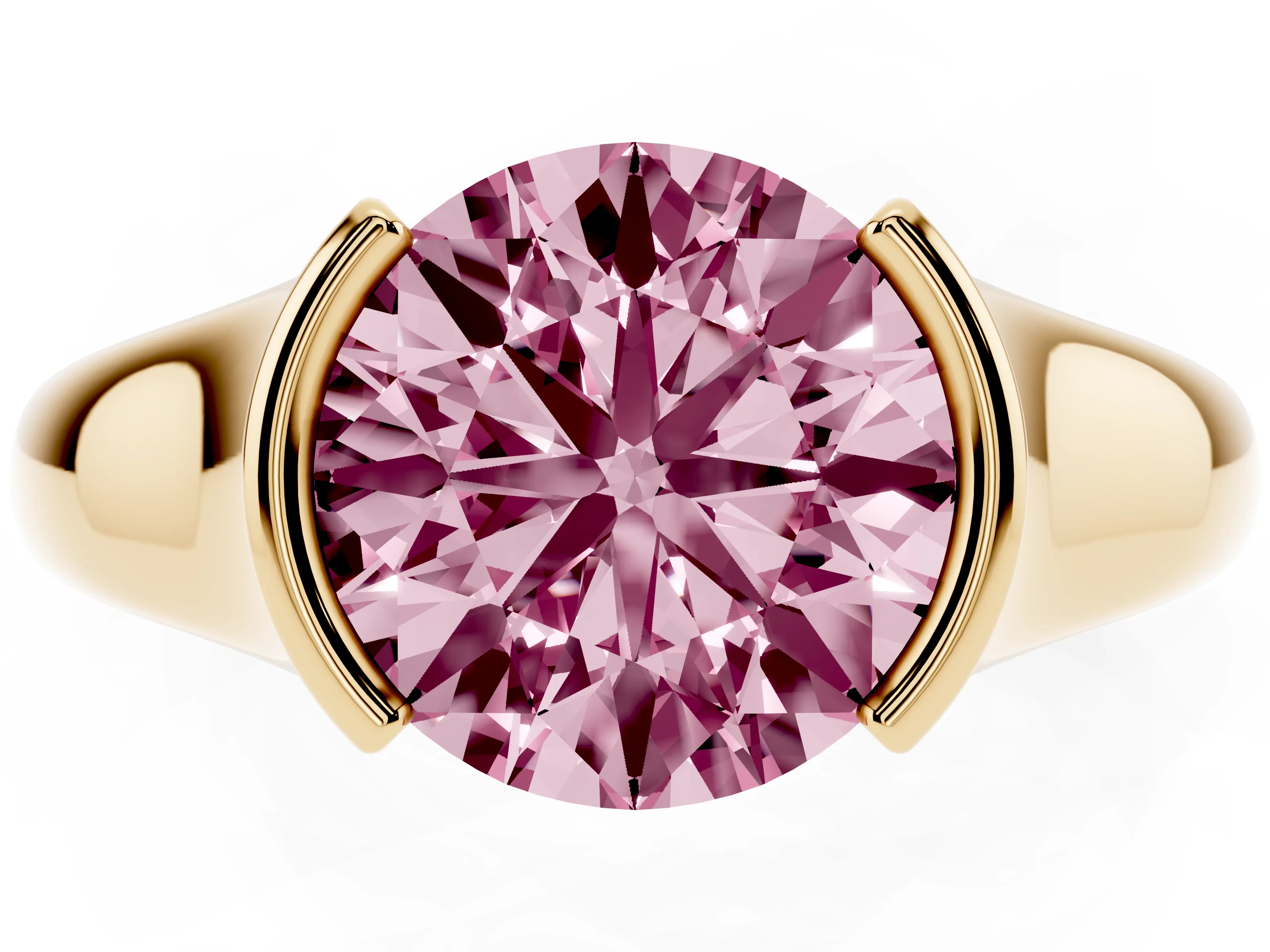 Fancy Pink Round Cut Diamond Solitaire Tension Set Ring Set in Yellow gold with Split Shank Band