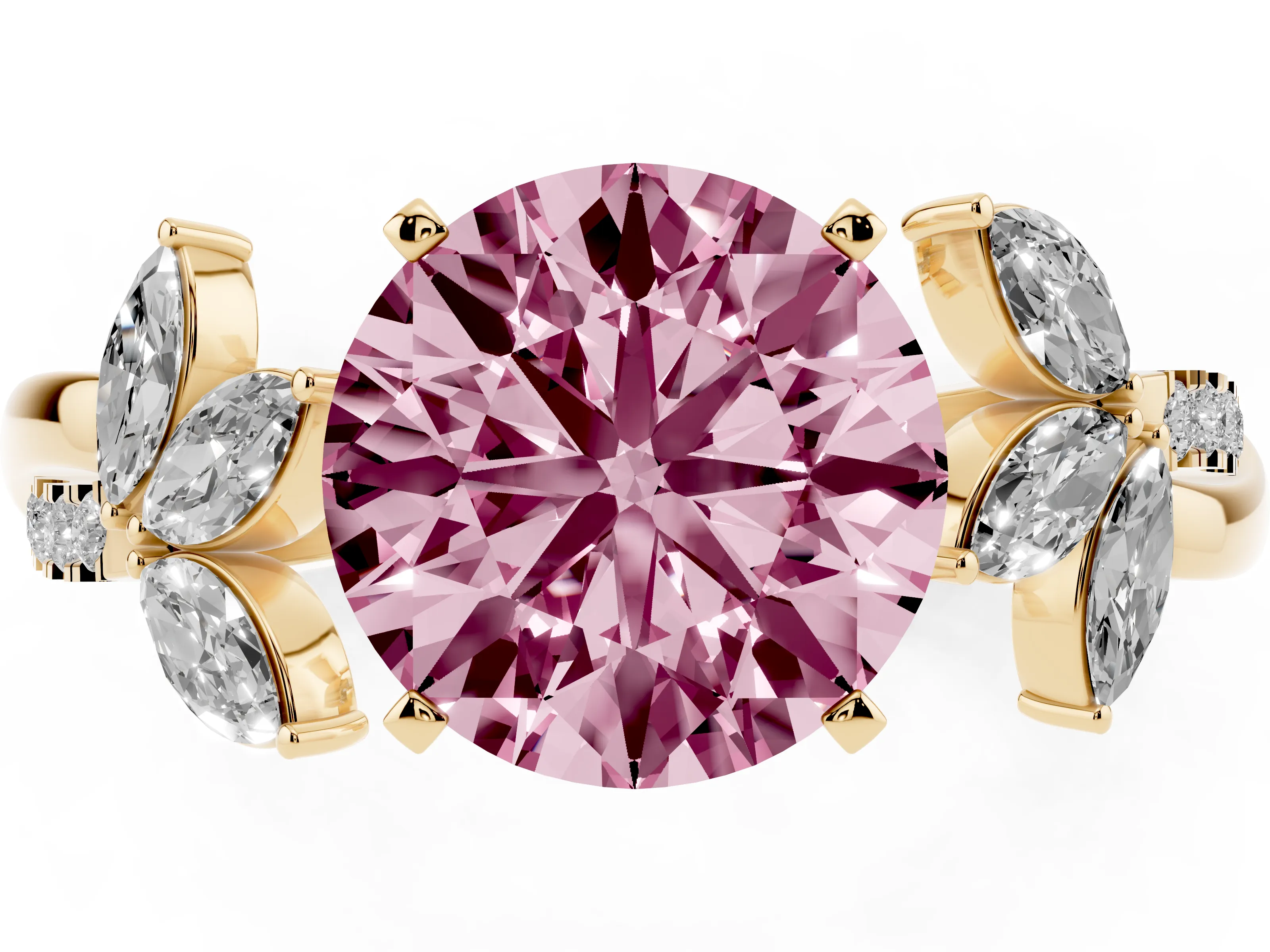 Fancy Pink Round Cut Diamond Floral Vine Solitaire Engagement Ring Set in Yellow gold with Marquise Leaves