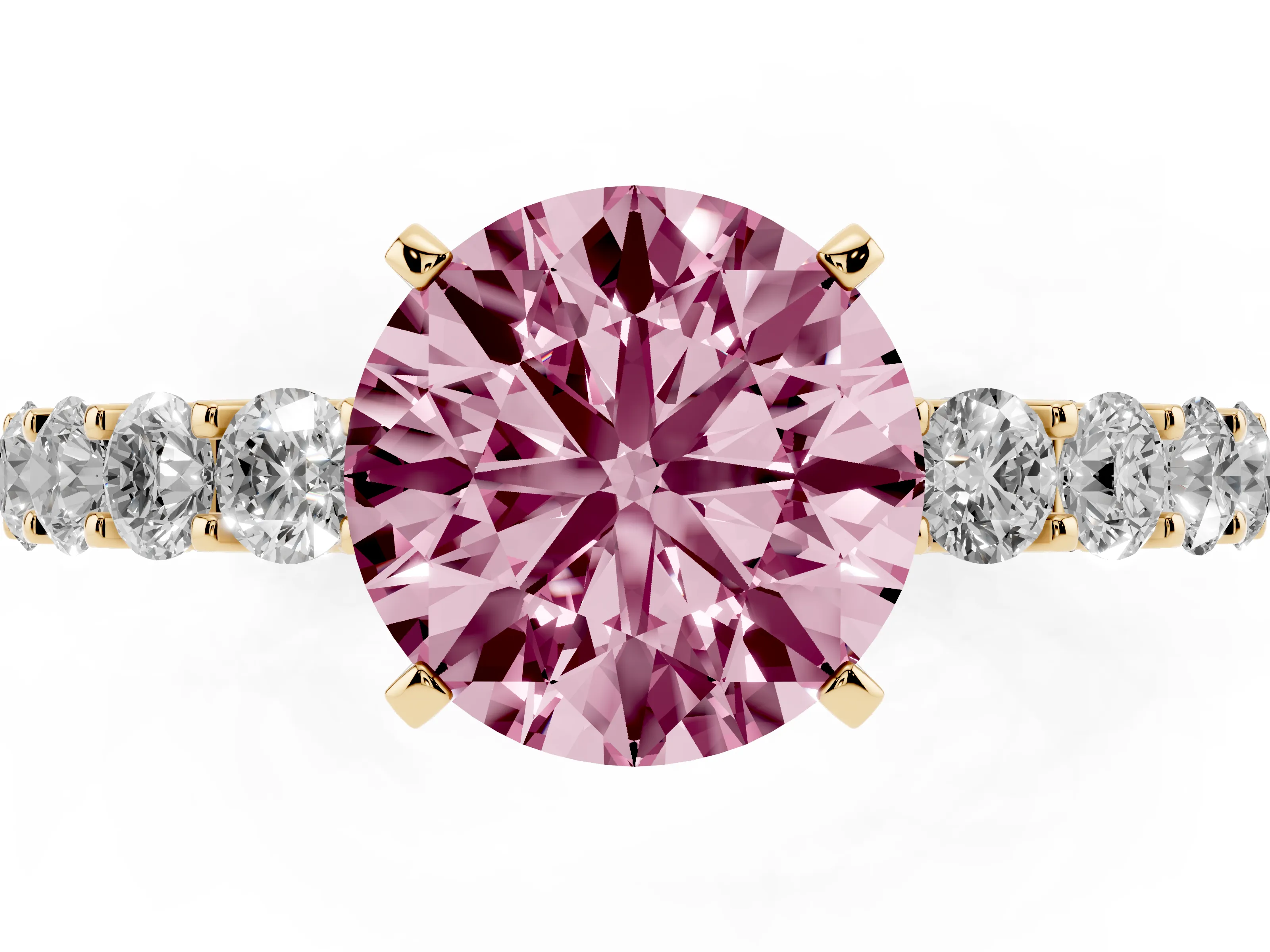 Fancy Pink Round Cut Diamond Solitaire Ring Set in Yellow gold with Shared Prong Pavé Band