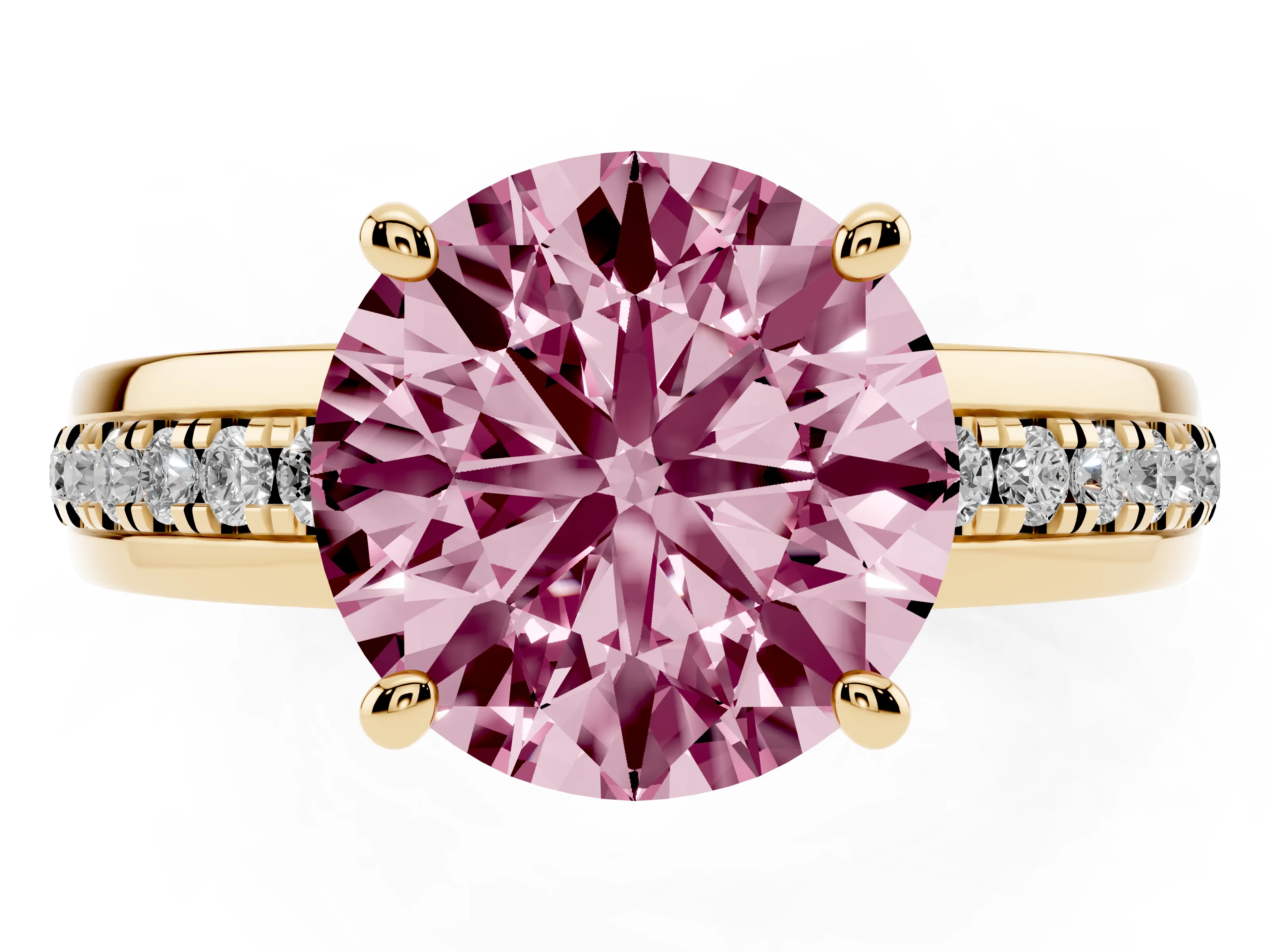 Fancy Pink Round Cut Diamond Solitaire Ring Set in Yellow gold with Channel Set Band and Prong Setting