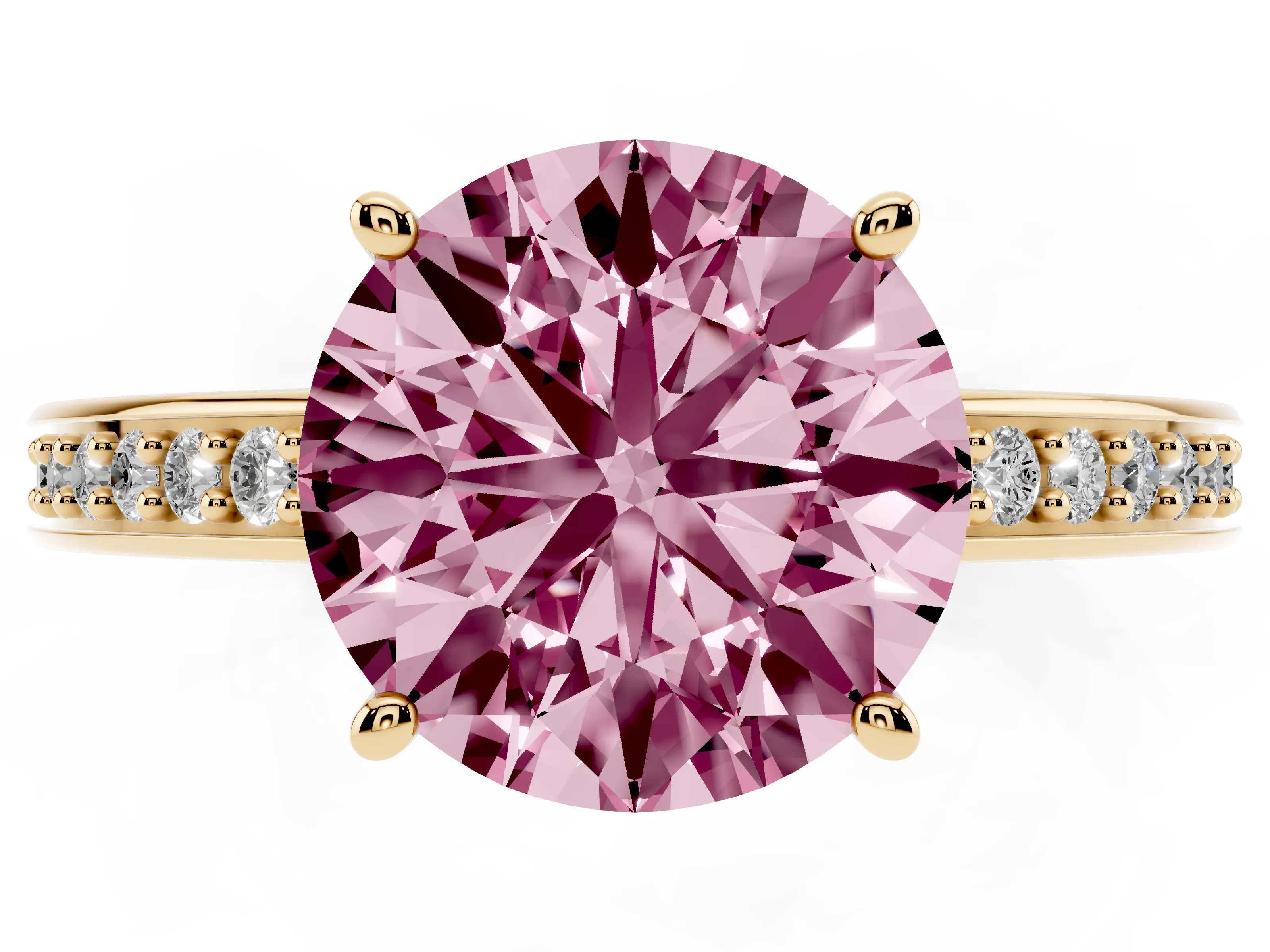 Fancy Pink Round Cut Diamond Pavé Band Prong Set Solitaire Ring Set in Yellow gold