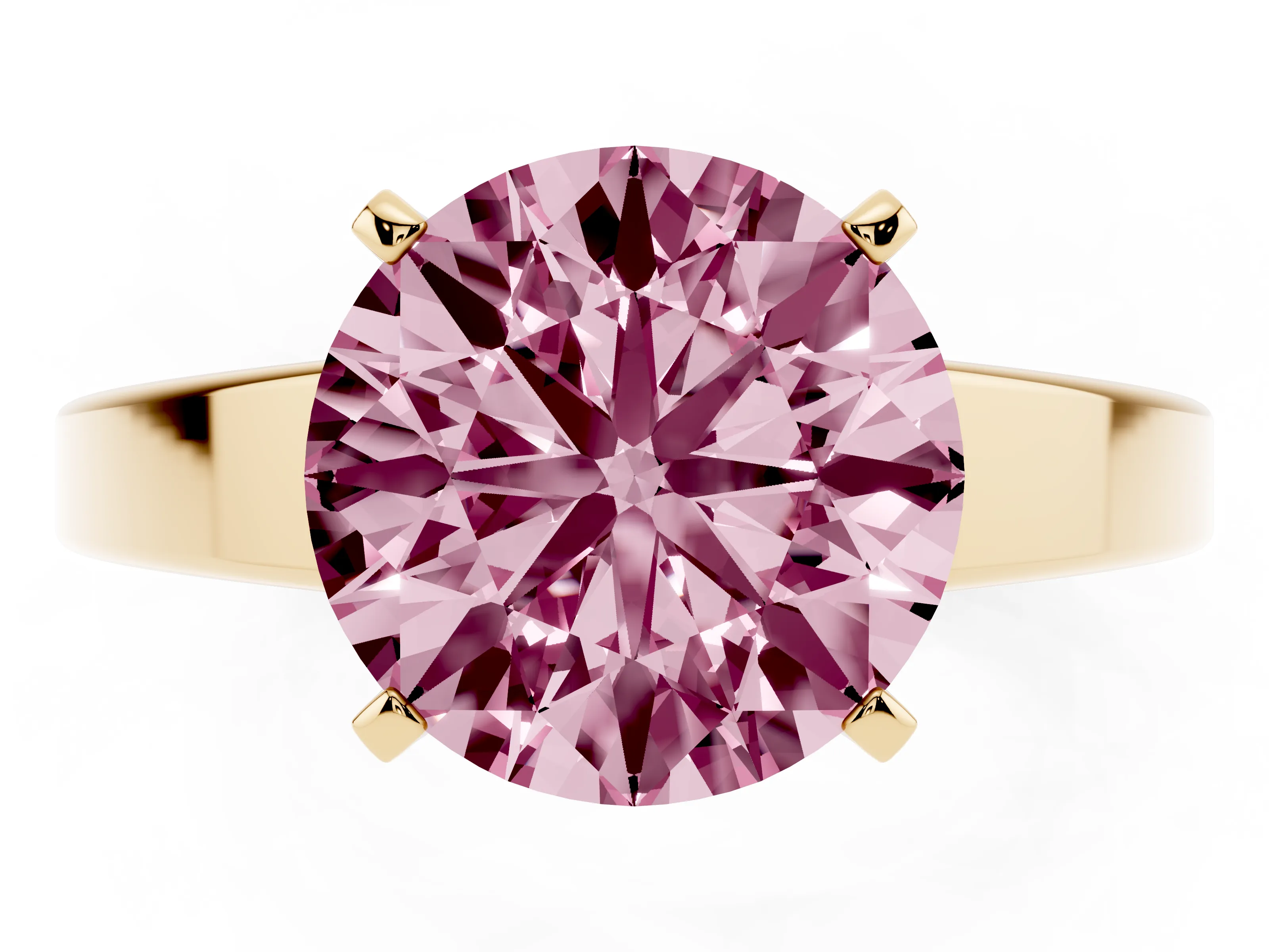 Fancy Pink Round Cut Diamond Solitaire Engagement Ring Set in Yellow gold with Prong Setting and Tapered Band