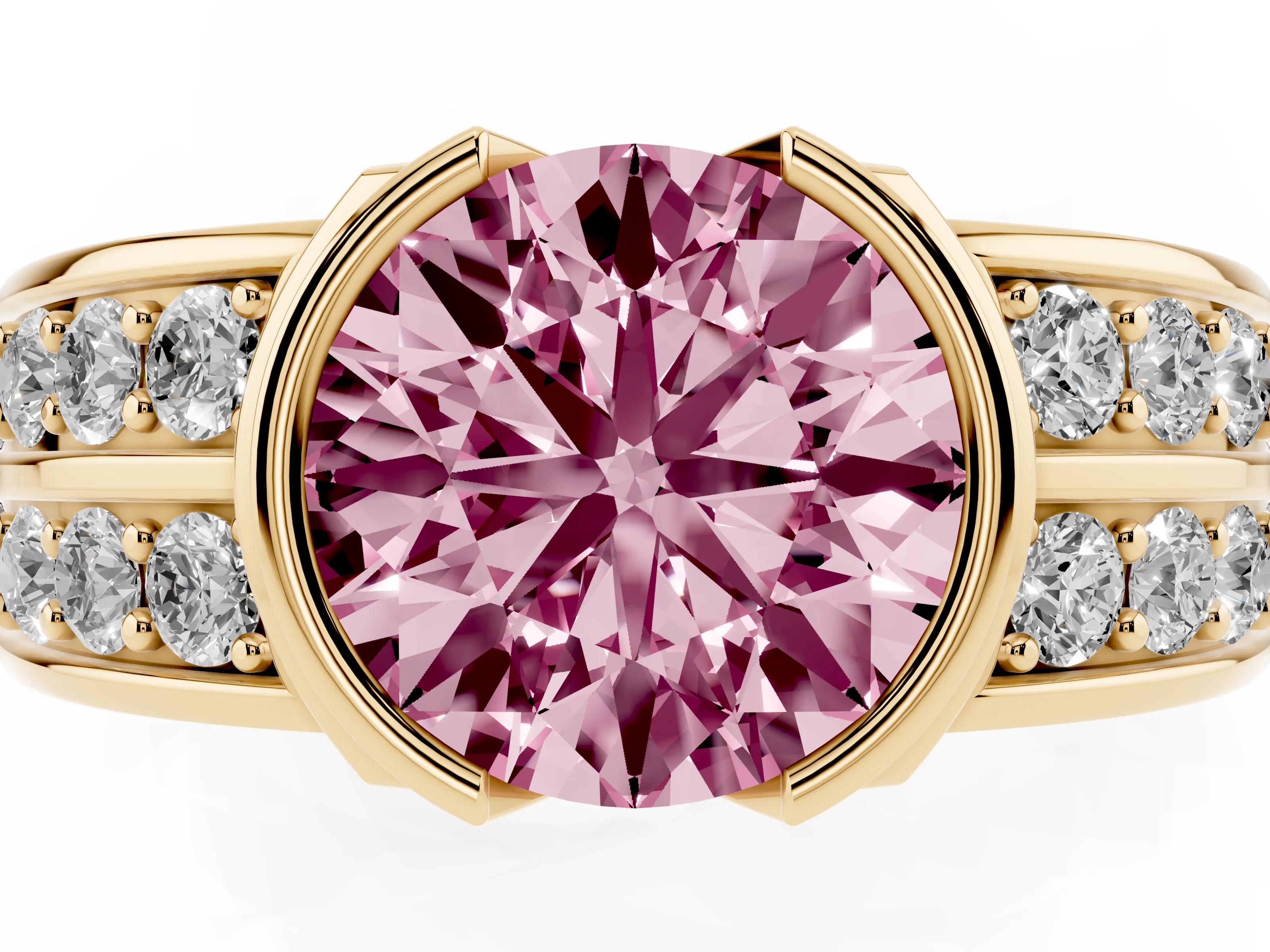 Fancy Pink Round Cut Diamond Wide Channel Set Band Ring Set in Yellow gold with Bezel Setting