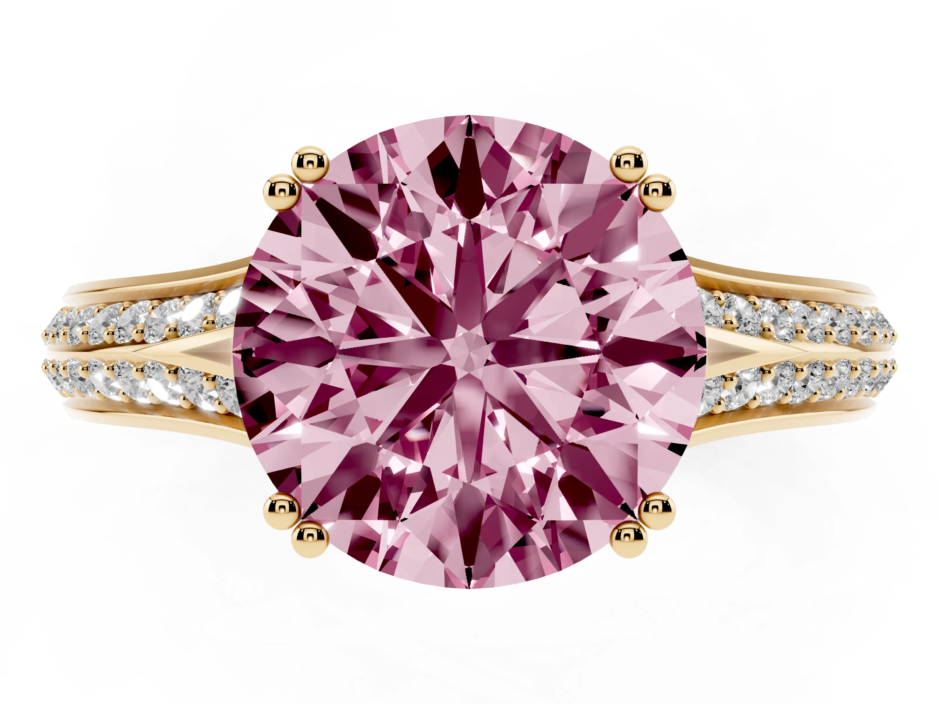 Fancy Pink Round Cut Diamond Split Shank Pavé Engagement Ring Set in Yellow gold with Prong-Set Center Stone