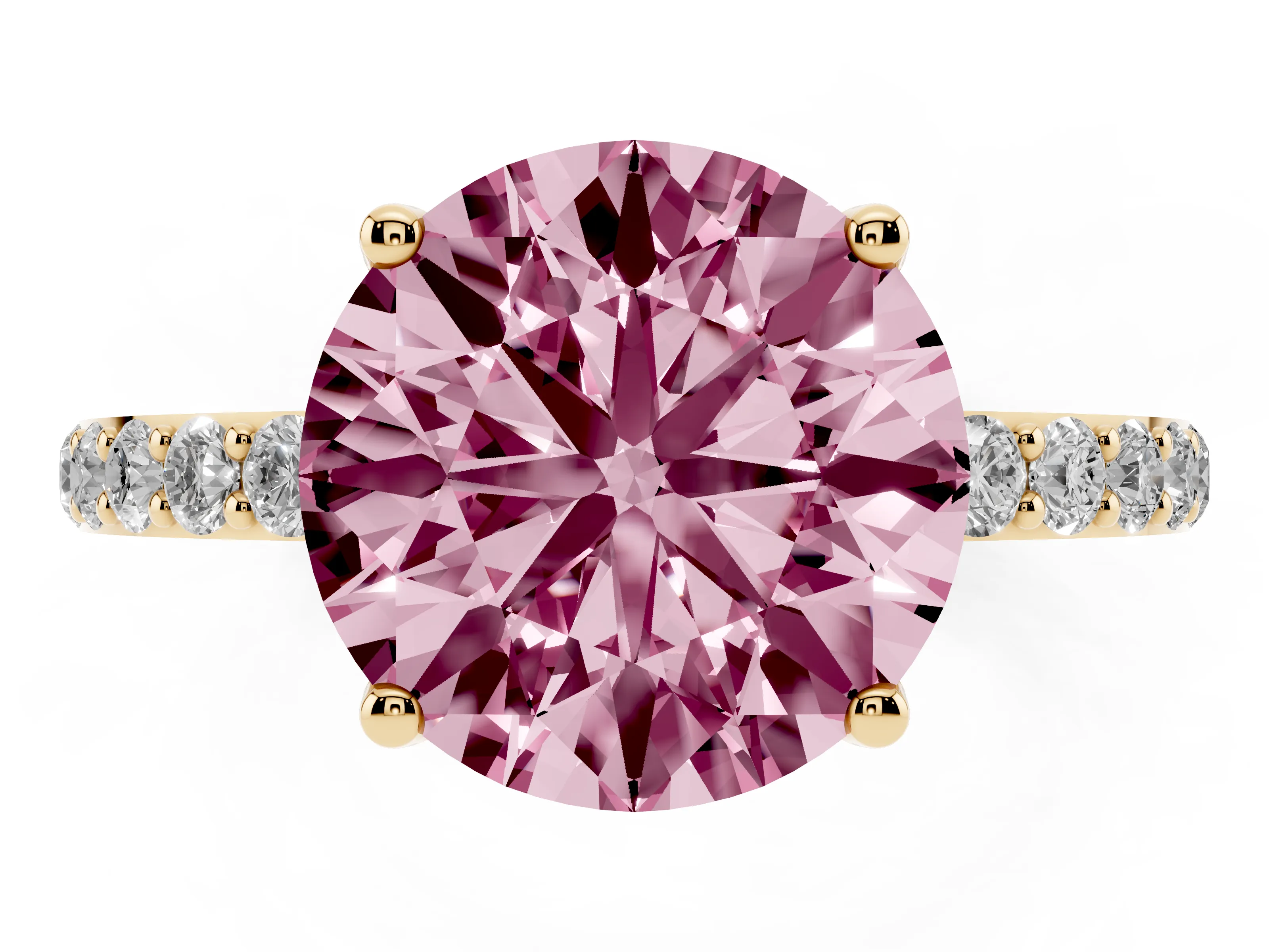 Fancy Pink Round Cut Diamond Solitaire Engagement Ring Set in Yellow gold with Round Pavé Band and Prong Setting