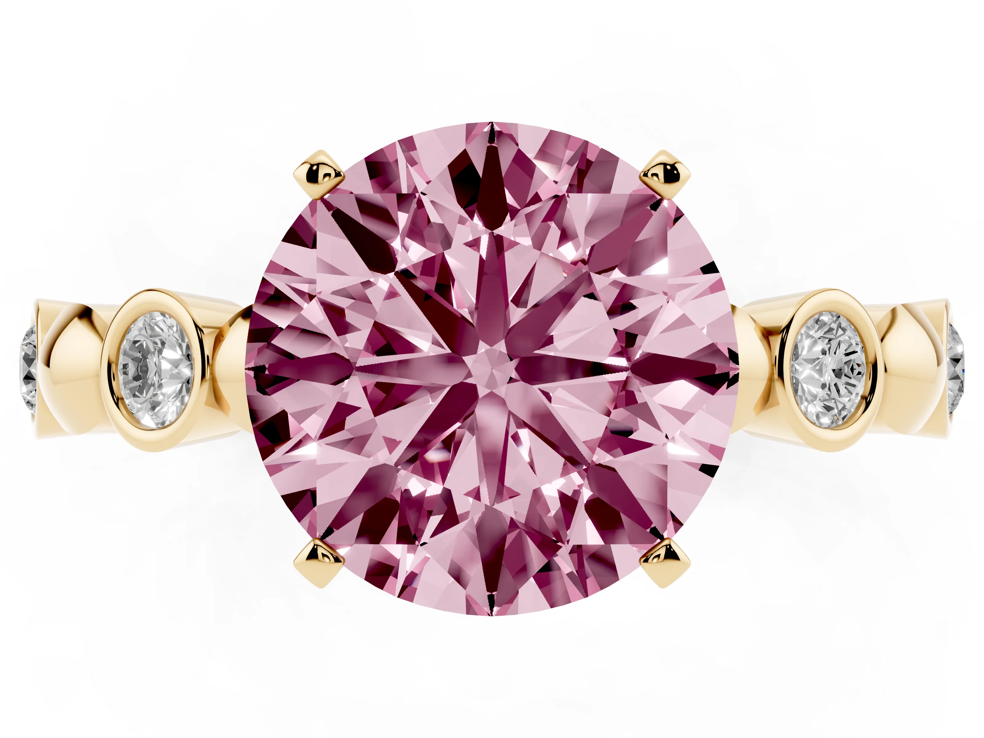 Fancy Pink Round Cut Diamond Solitaire Ring Set in Yellow gold with Bezel-Set Accents on Beaded Band and Prong Setting