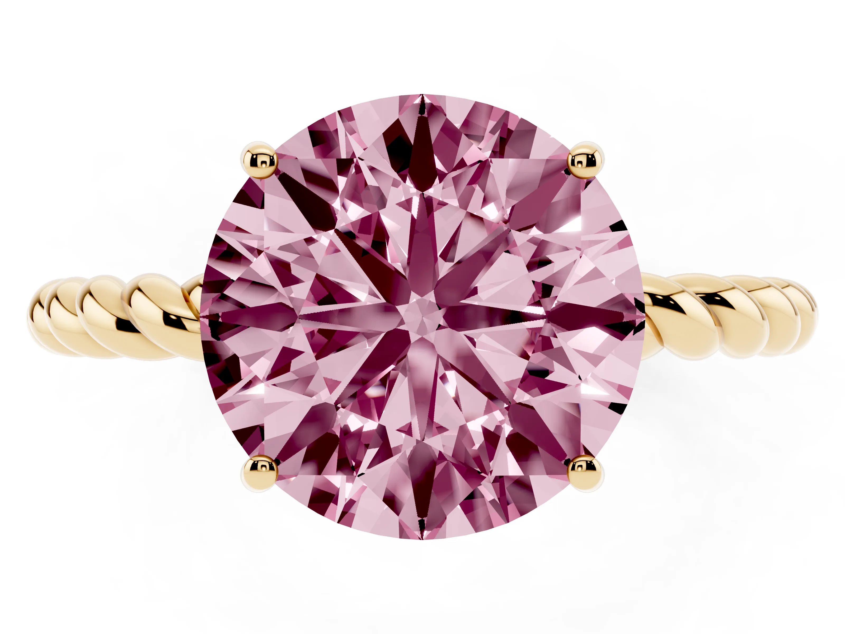 Fancy Pink Round Cut Diamond Solitaire Ring Set in Yellow gold with Twist Band and Prong Setting