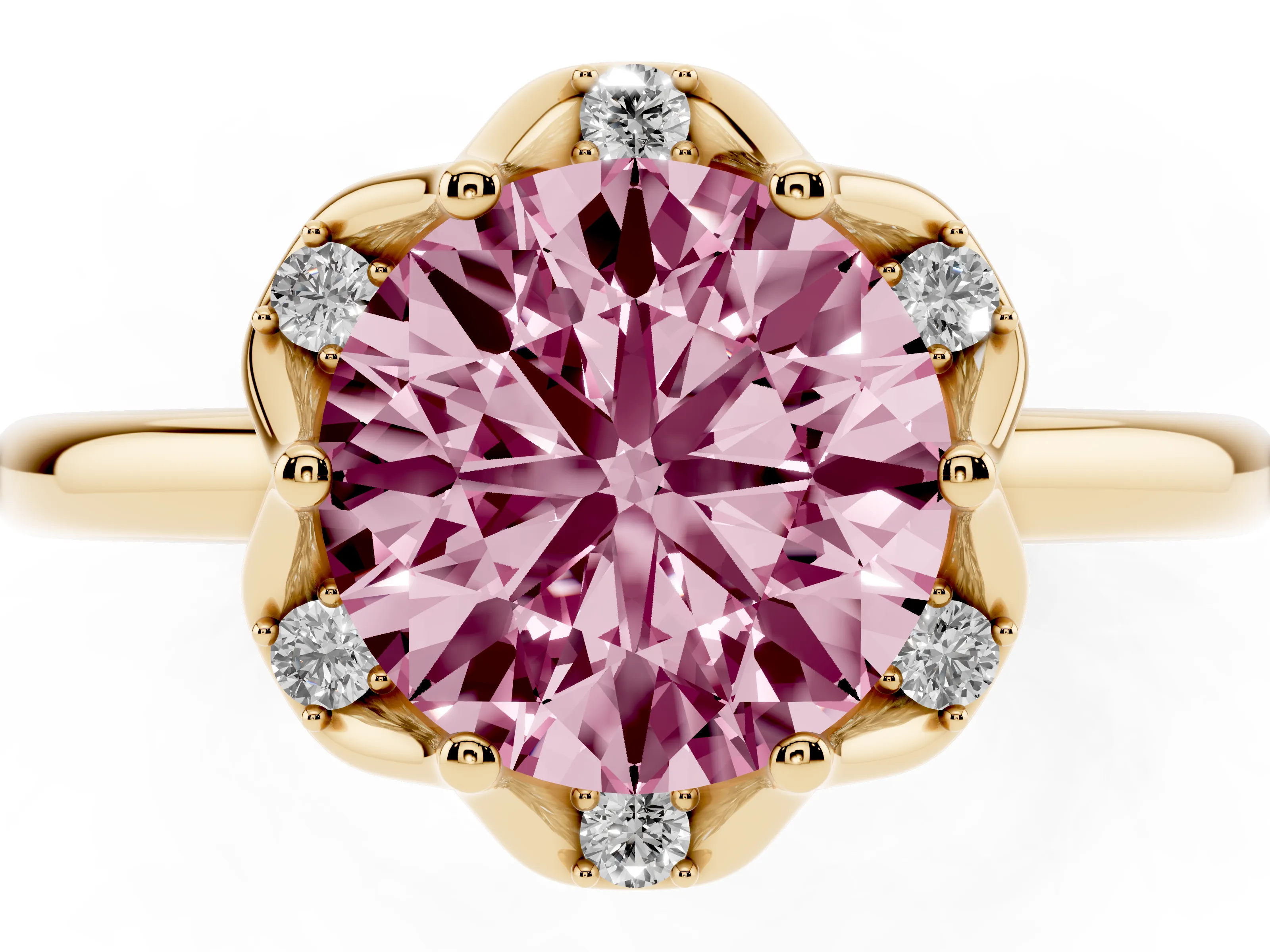 Fancy Pink Round Cut Diamond Round Cluster Halo Ring Set in Yellow gold with Solitaire Band and Prong Setting