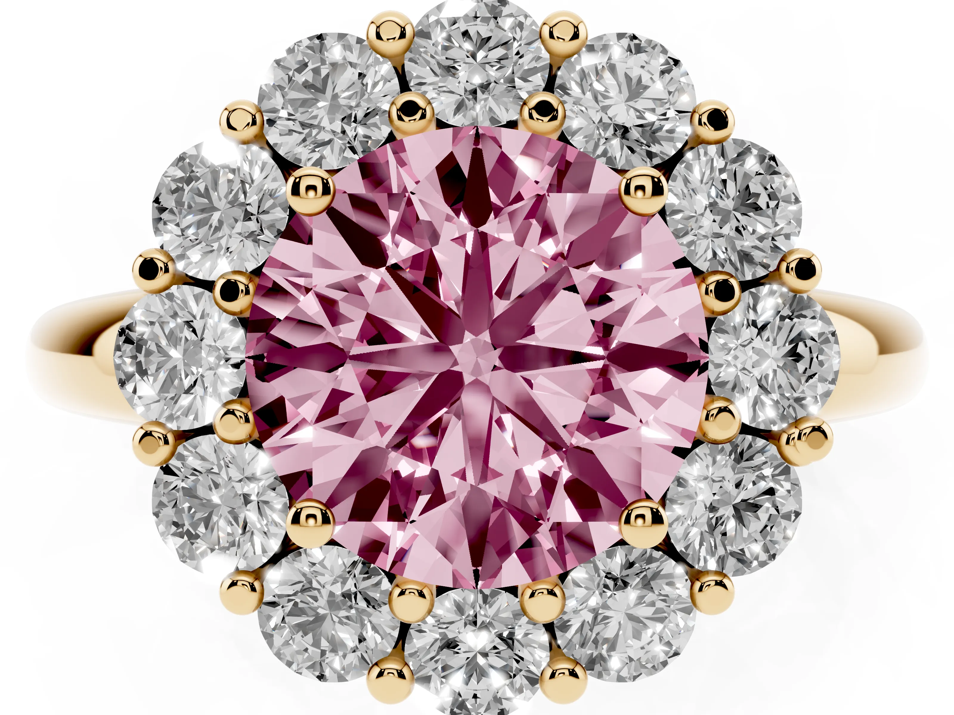Fancy Pink Round Cut Diamond Halo Cluster Engagement Ring Set in Yellow gold with Polished Band and Prong Setting