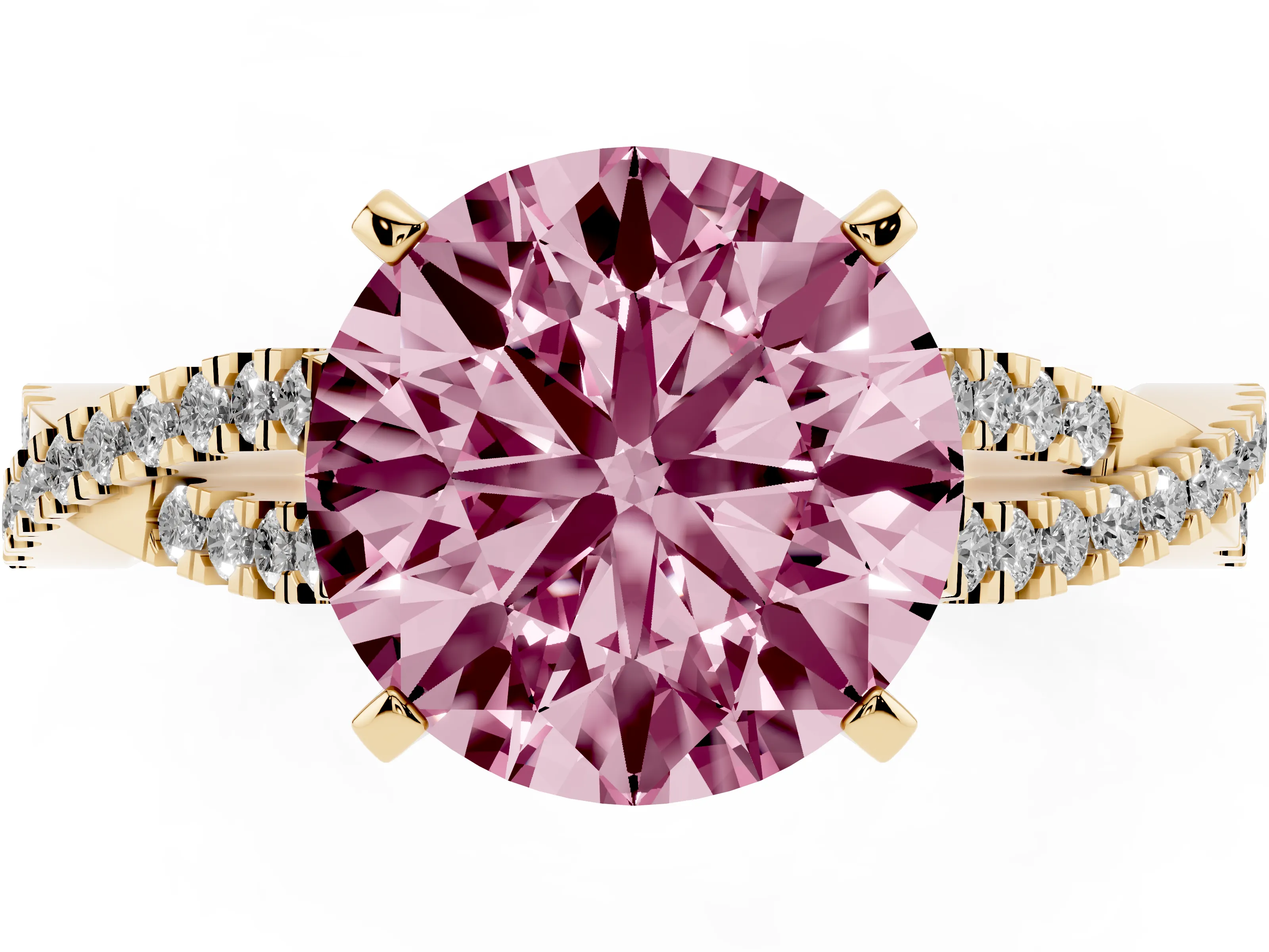 Fancy Pink Round Cut Diamond Solitaire Engagement Ring Set in Yellow gold with Twisted Pavé Band and Prong Setting
