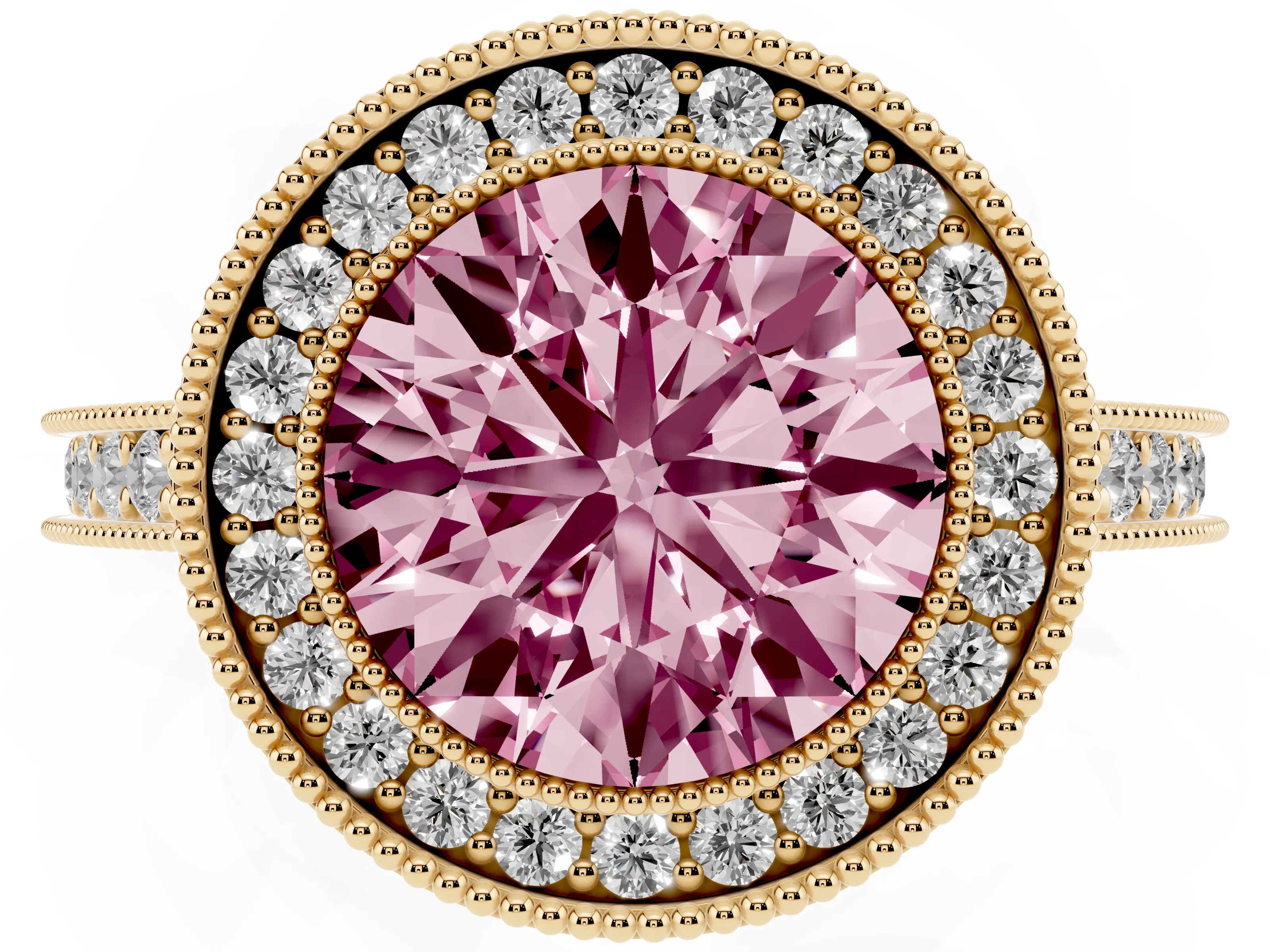 Fancy Pink Round Cut Diamond Halo Milgrain Pavé Band Ring Set in Yellow gold with Prong Setting