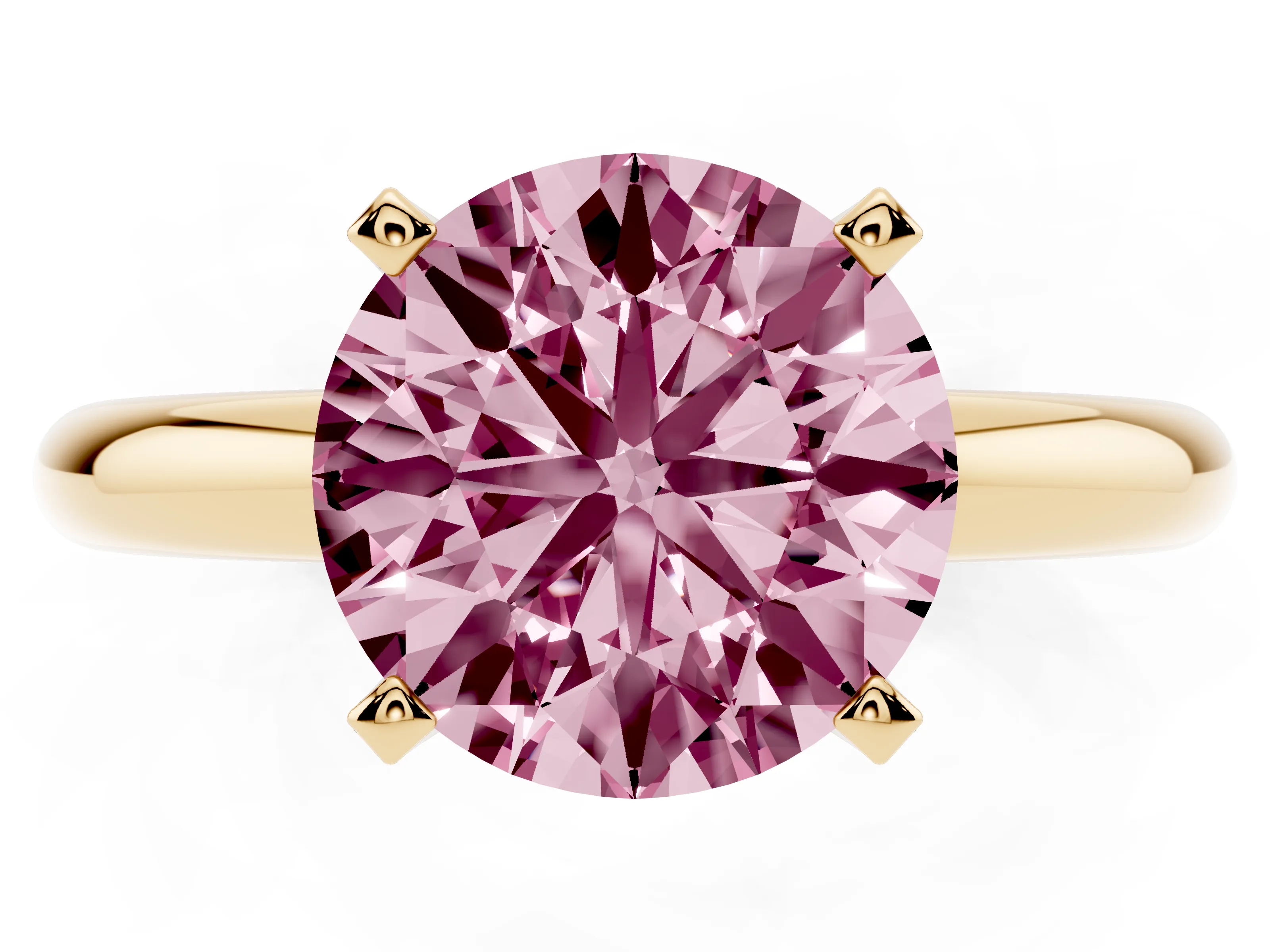 Fancy Pink Round Cut Diamond Solitaire Engagement Ring Set in Yellow gold with Round Band and Prong Setting