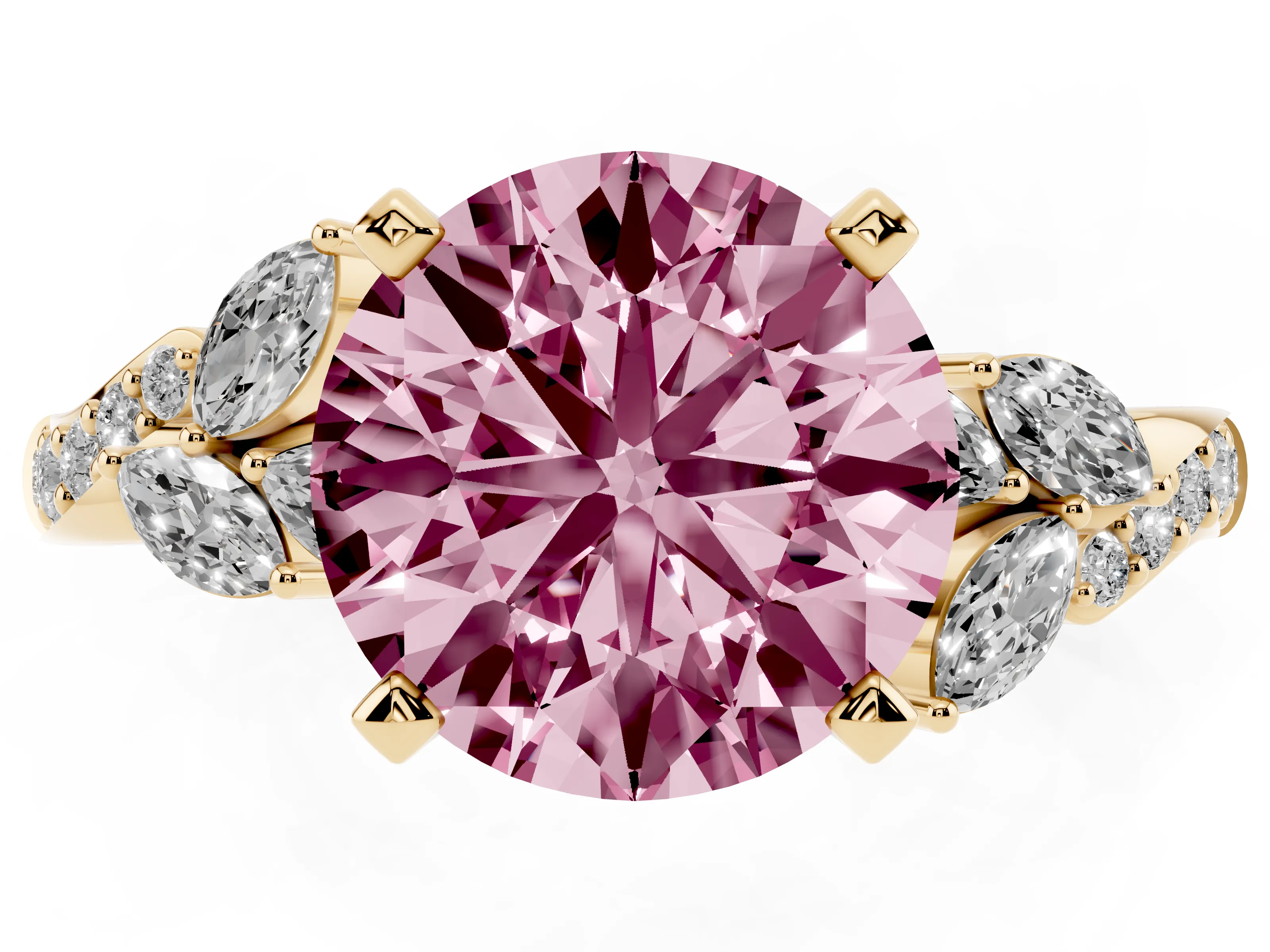 Fancy Pink Round Cut Diamond Solitaire Ring Set in Yellow gold with Marquise Twist Band and Prong Setting