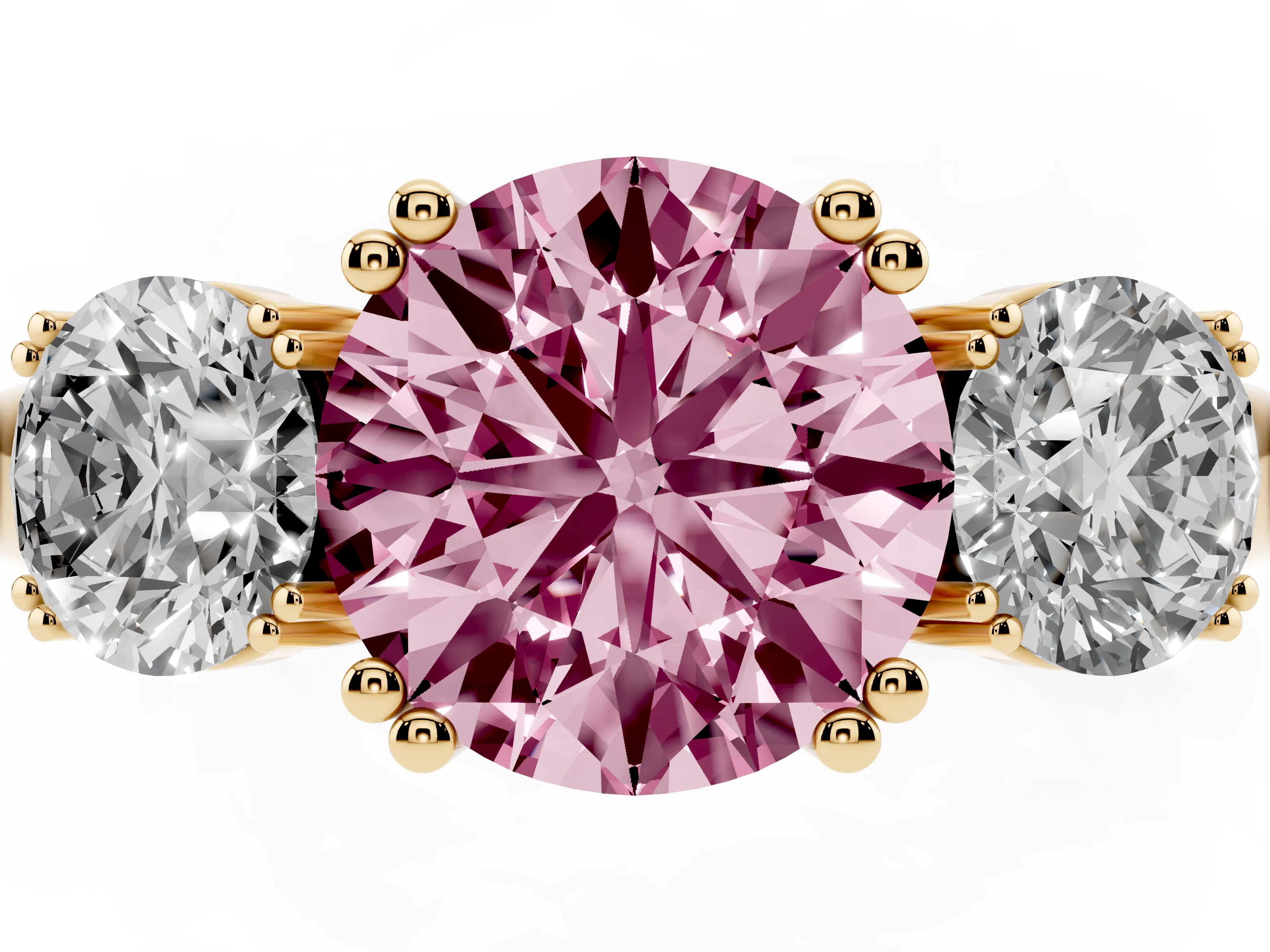 Fancy Pink Round Cut Diamond Three-Stone Ring Set in Yellow gold with Polished Channel-Set Band