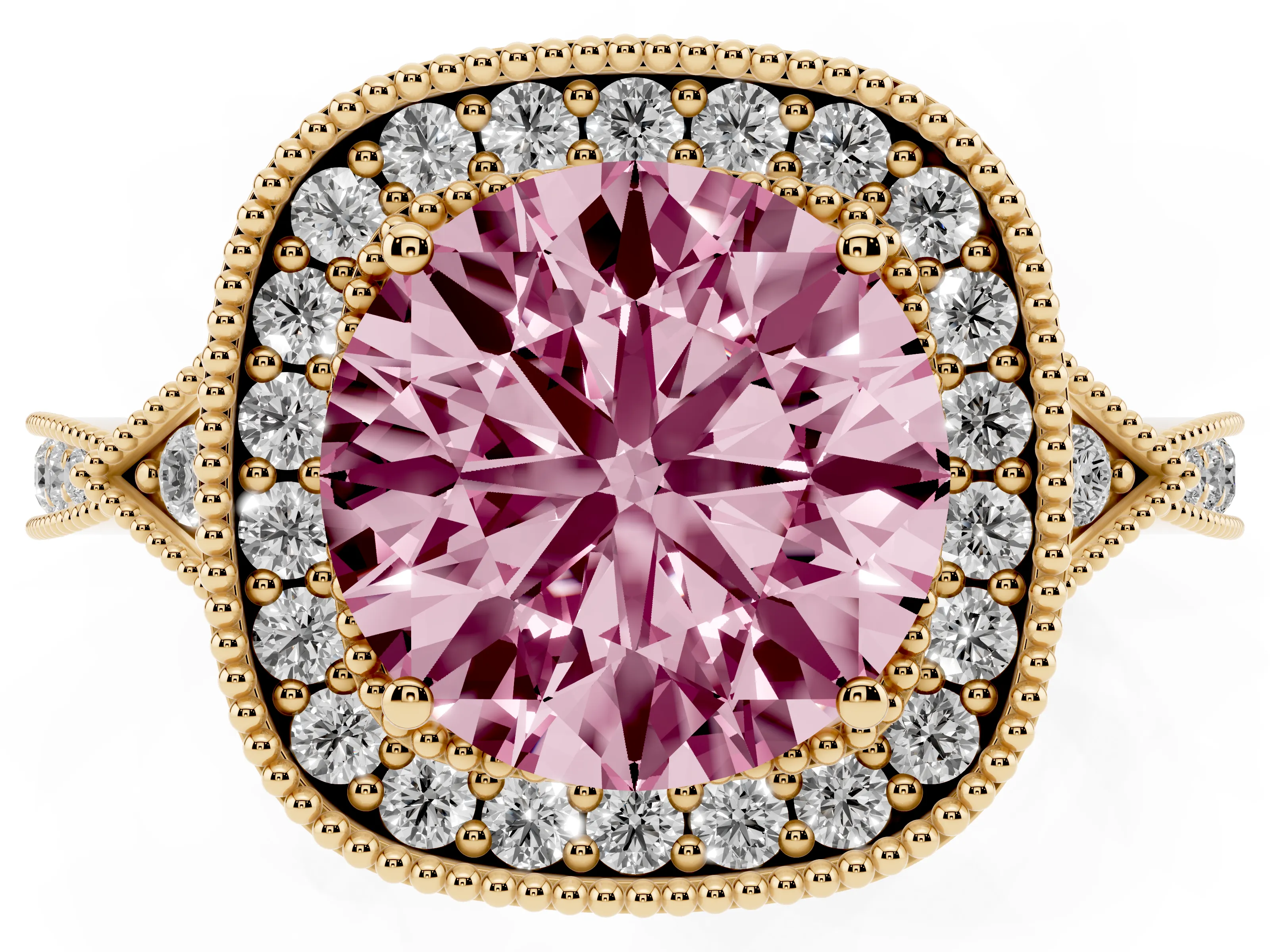 Fancy Pink Round Cut Diamond Halo Engagement Ring Set in Yellow gold with Milgrain Pavé Band