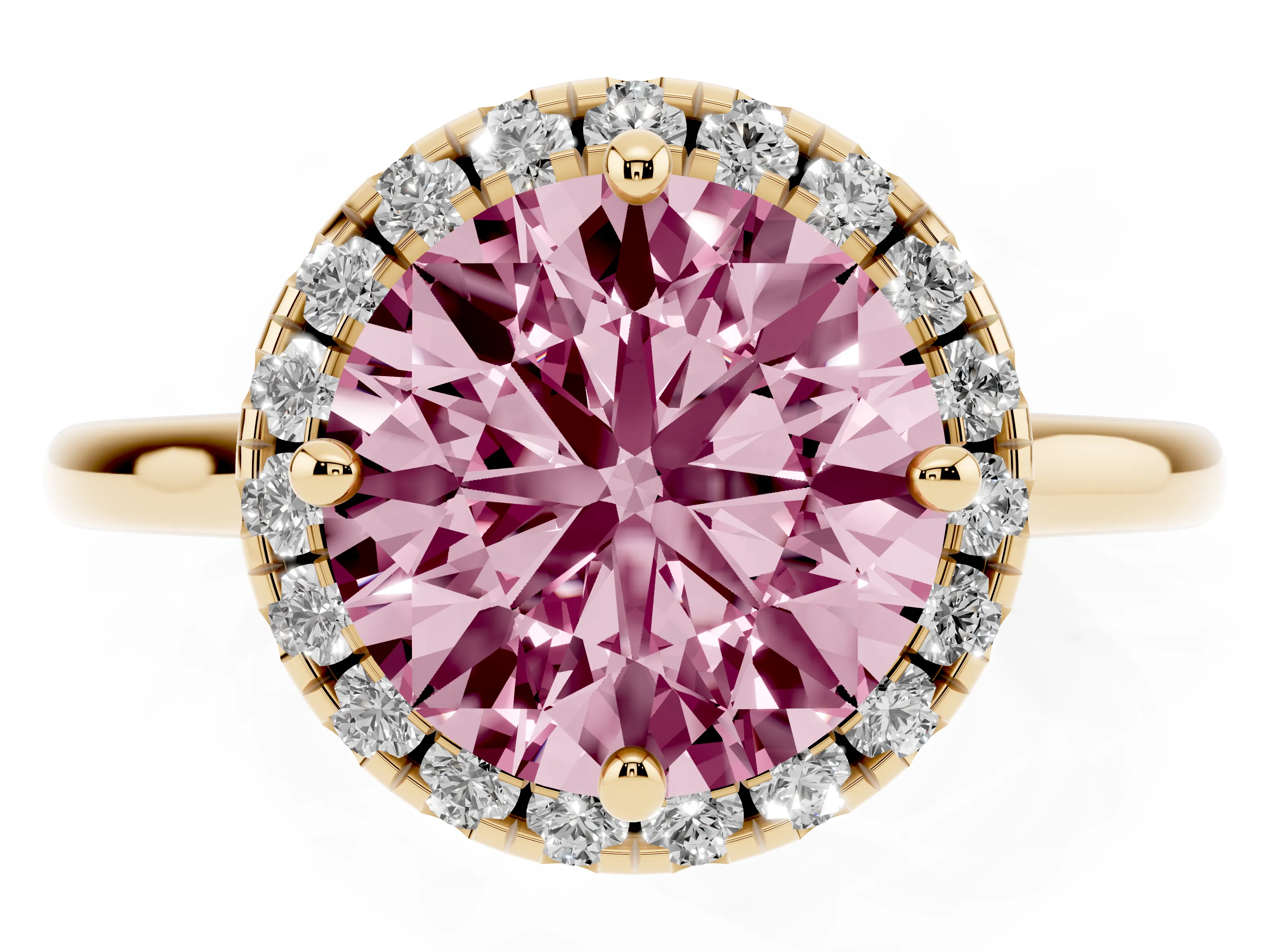 Fancy Pink Round Cut Diamond Halo Engagement Ring Set in Yellow gold with Pavé Band and Rising Shoulders