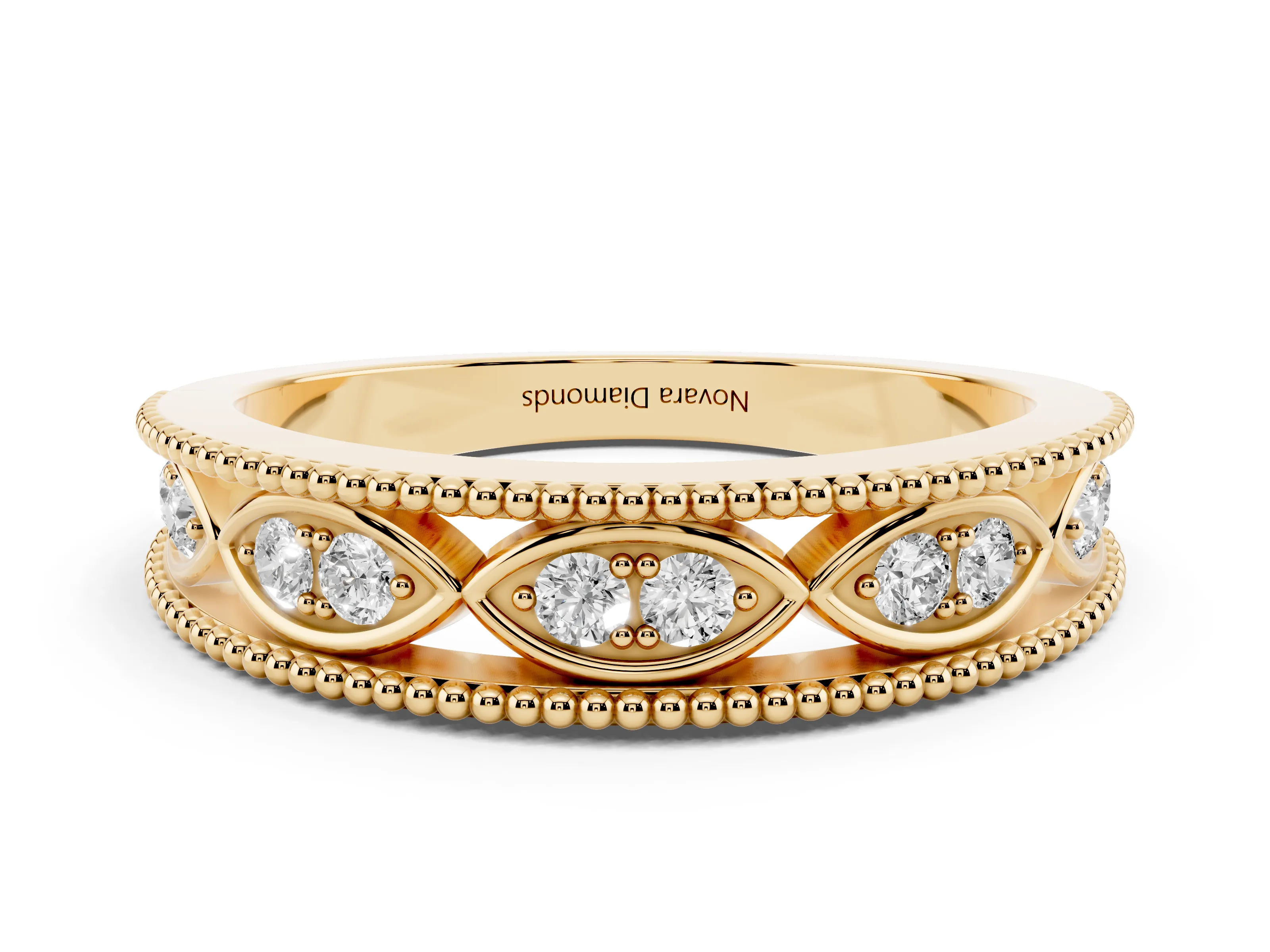 Round Diamond Marquise Shape Band Set in Yellow gold with Milgrain Detail and Prong Setting