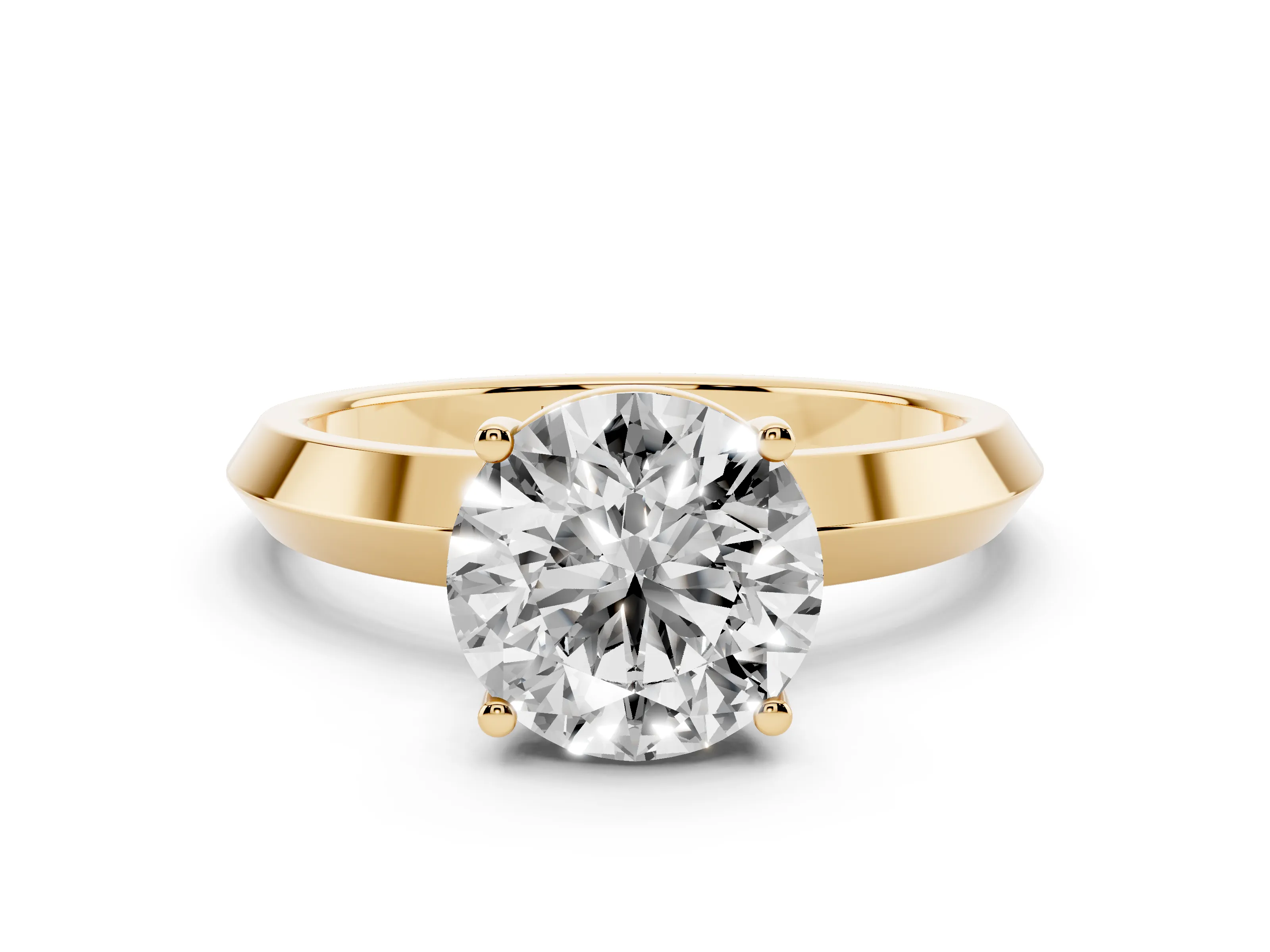 Round Cut Diamond Solitaire Engagement Ring Set in Yellow gold with Flat Band and Prong Setting