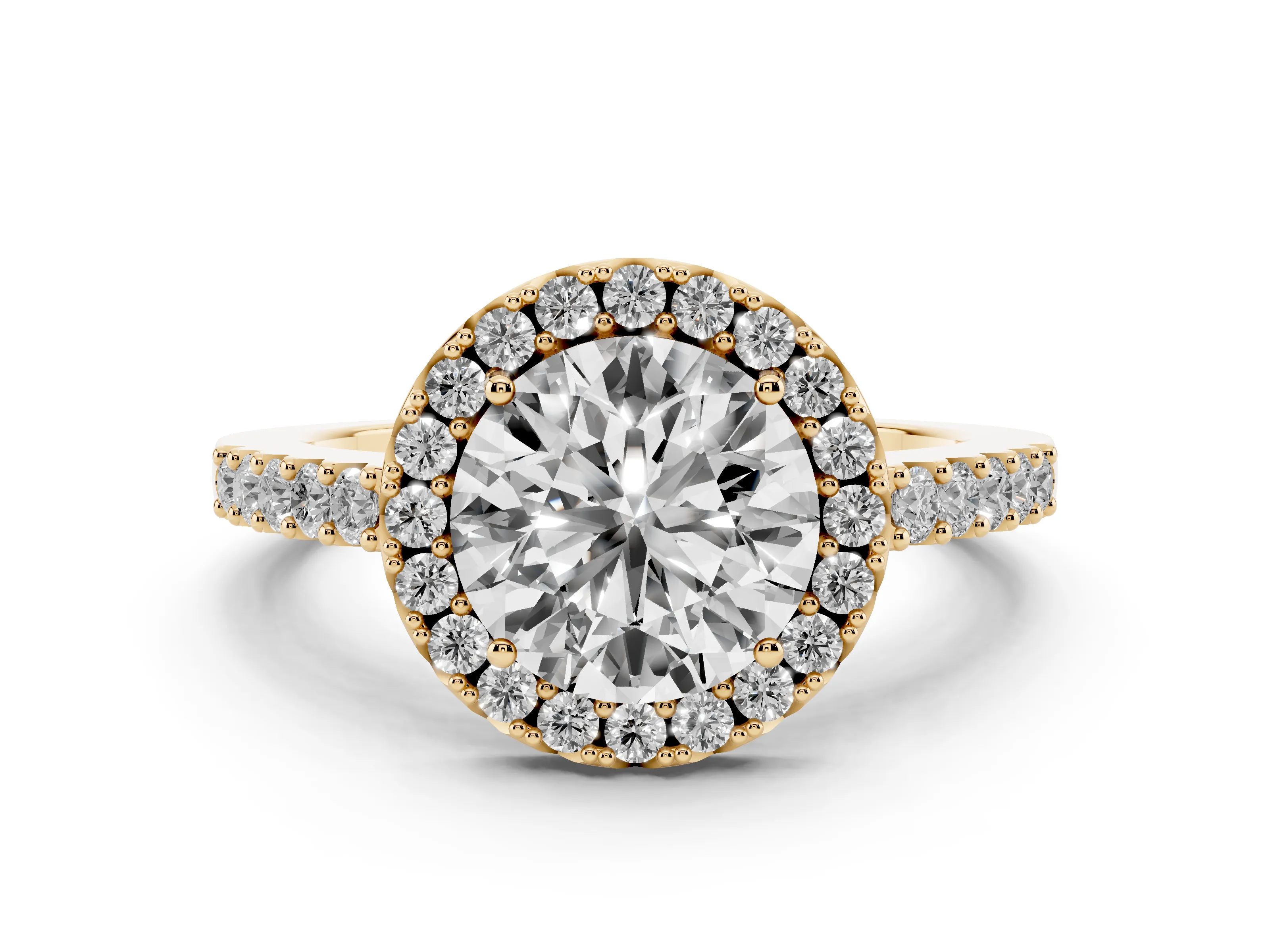 Round Cut Diamond Halo Pavé Solitaire Ring Set in Yellow gold with Prong-Set Center Stone