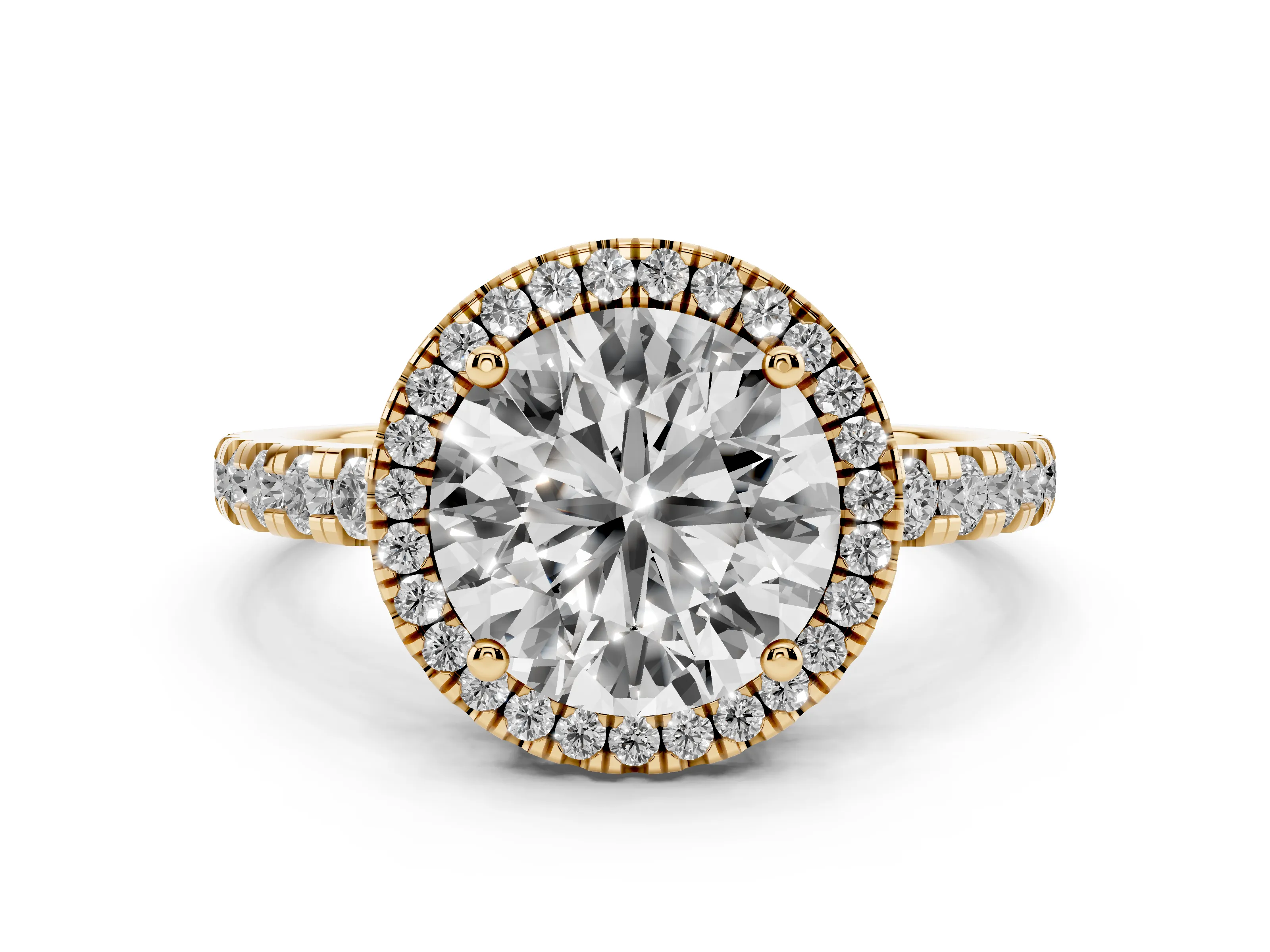Round Cut Diamond Halo Ring Set in Yellow gold with Delicate Pavé Band and Prong Setting
