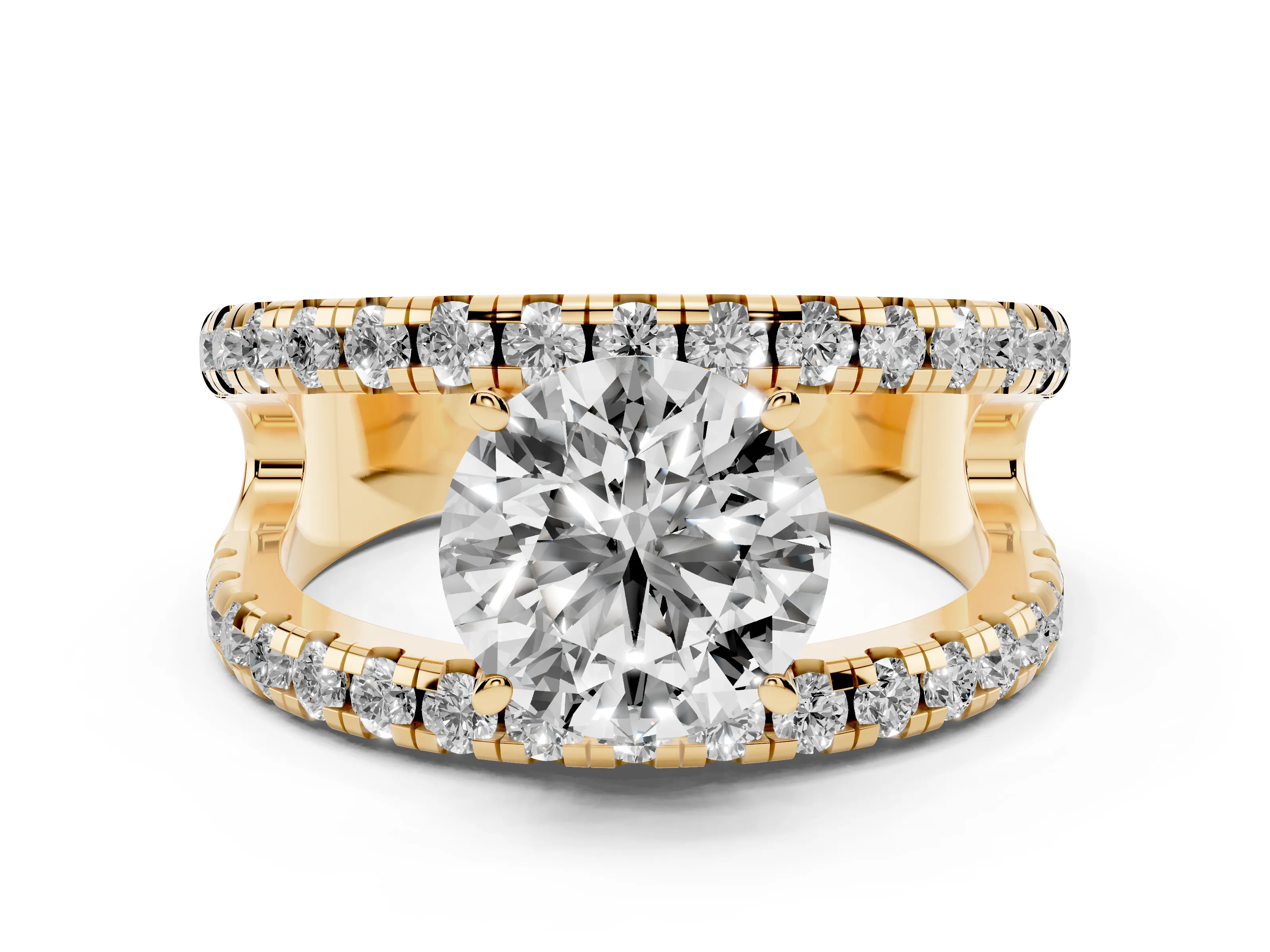 Round Cut Diamond Split Shank Pavé Solitaire Ring Set in Yellow gold with Open Shank Design