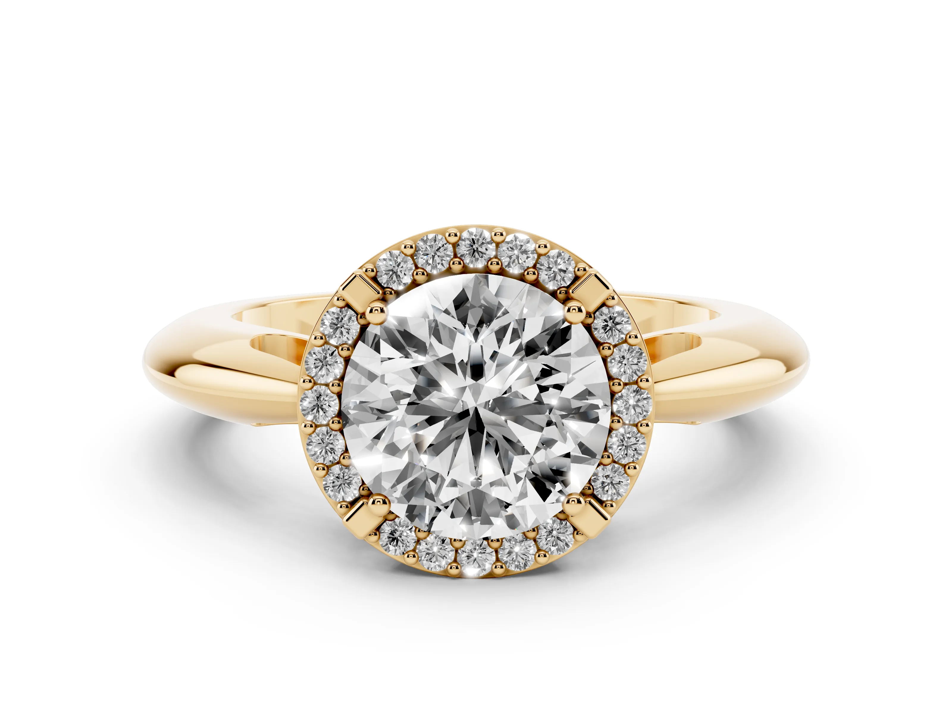 Round Cut Diamond Halo Engagement Ring Set in Yellow gold with Plain Split Shank and Prong Setting