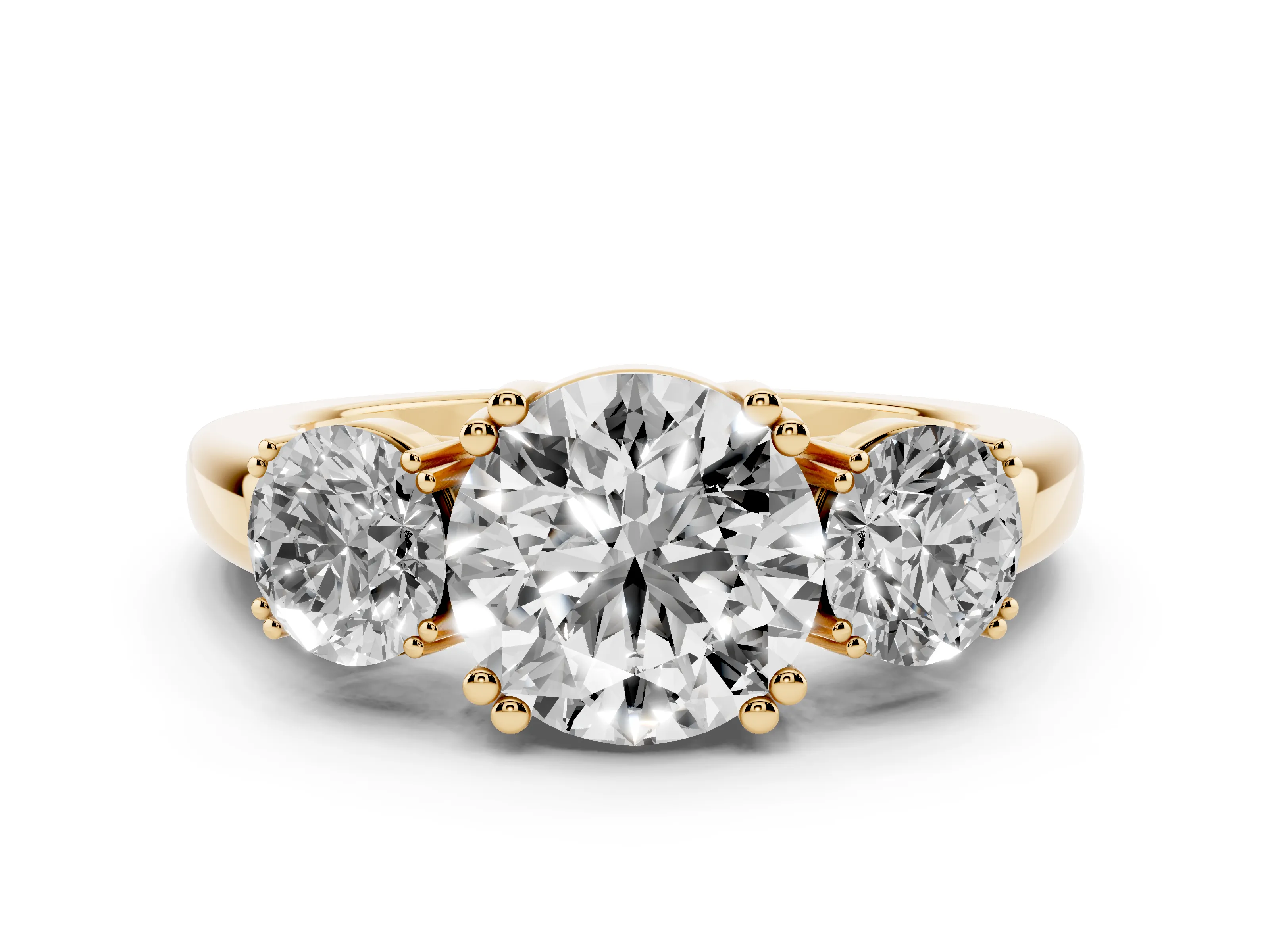 Round Cut Diamond Three-Stone Ring Set in Yellow gold with Polished Channel-Set Band