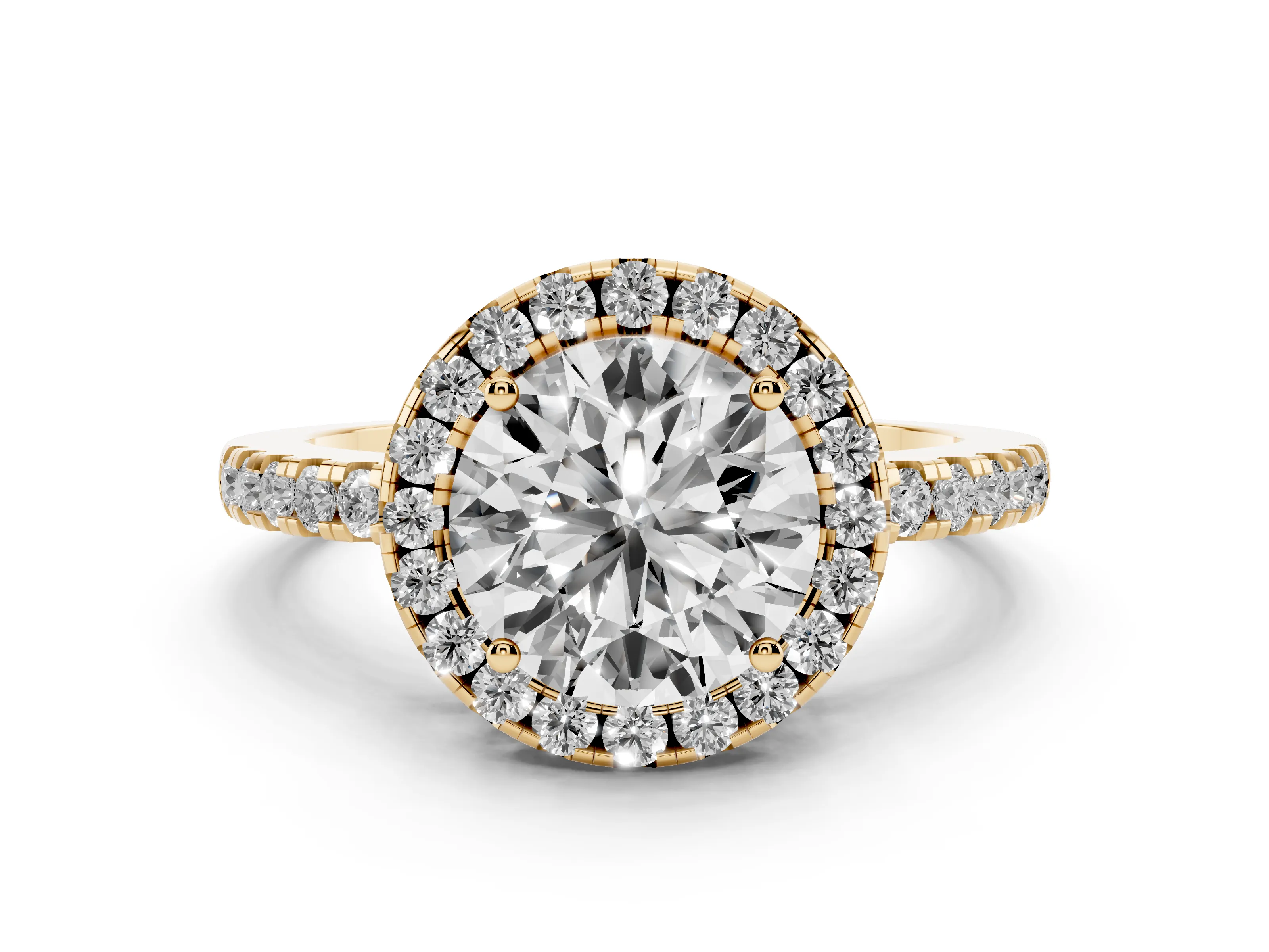 Round Cut Diamond Pavé Band Halo Engagement Ring Set in Yellow gold with Prong Setting