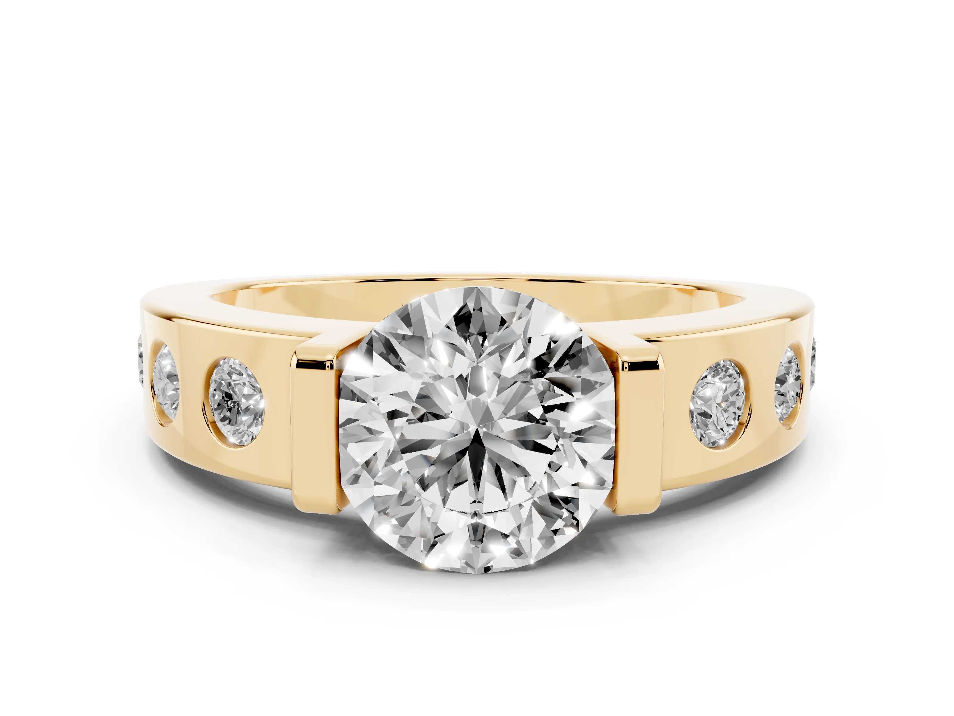 Round Cut Diamond Channel-Set Band Ring Set in Yellow gold with Bezel Prong Setting