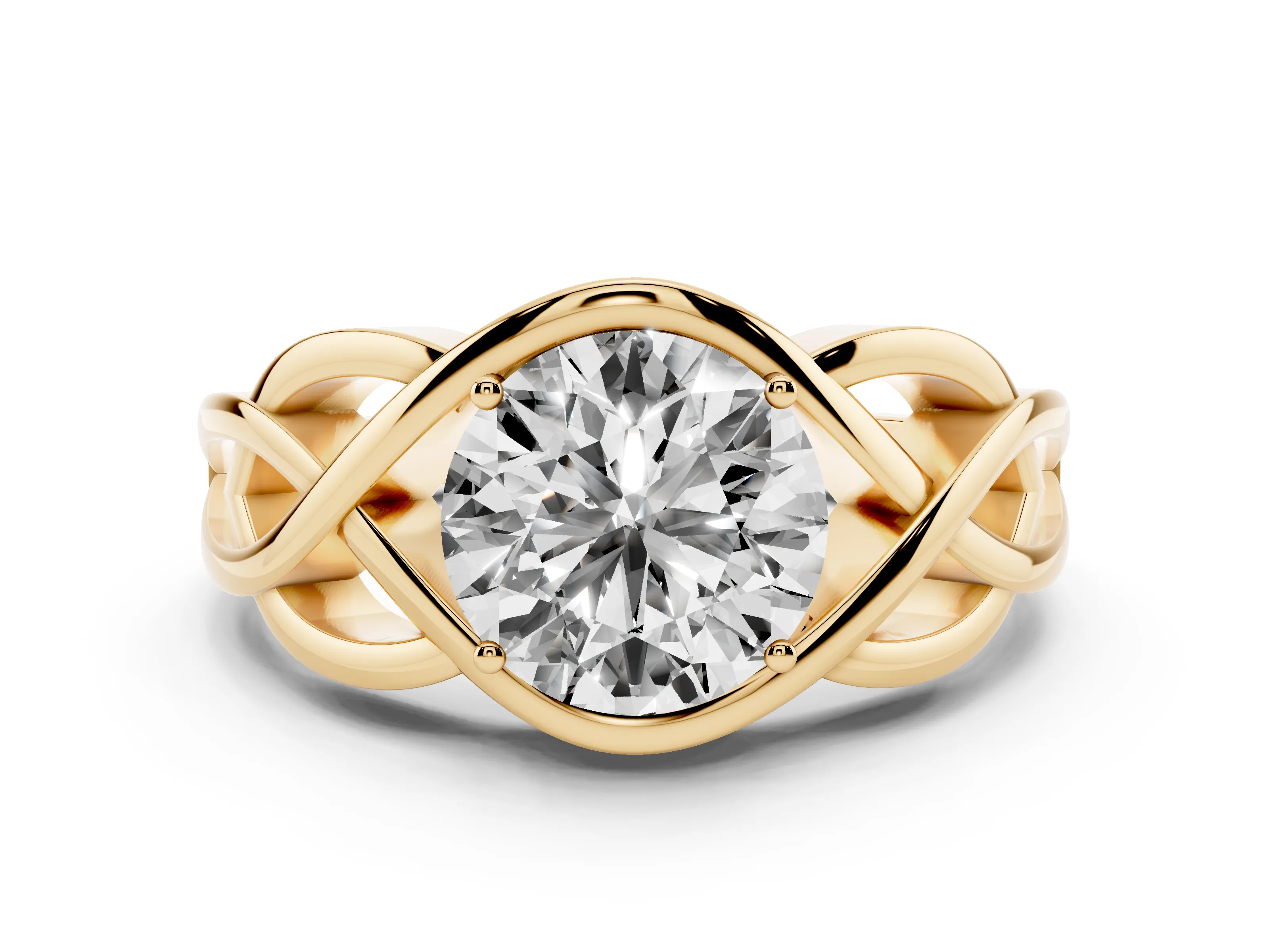Round Cut Diamond Solitaire Ring Set in Yellow gold with Intertwined Band