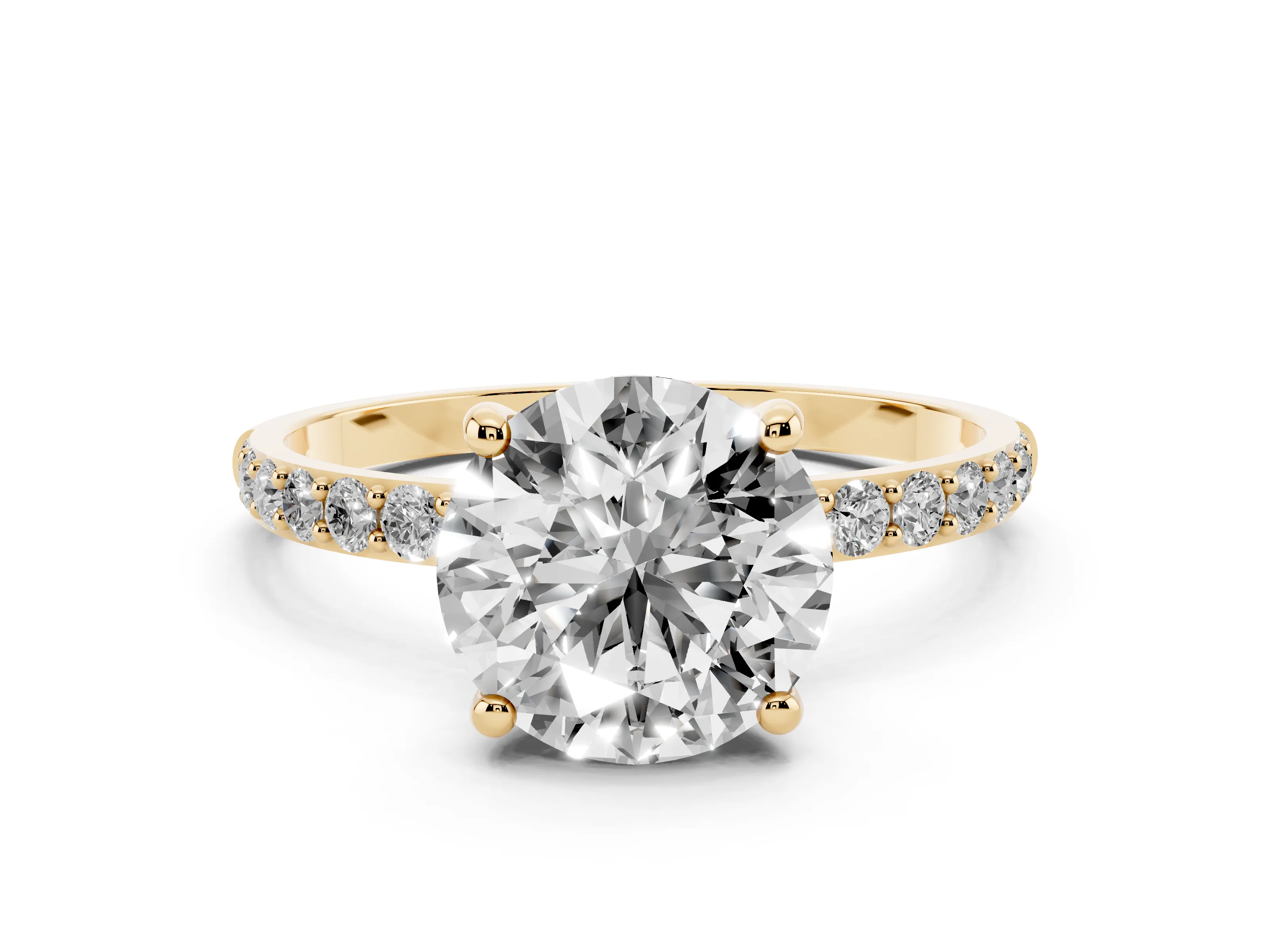 Round Cut Diamond Solitaire Ring Set in Yellow gold with Round Pavé Band and Prong Setting