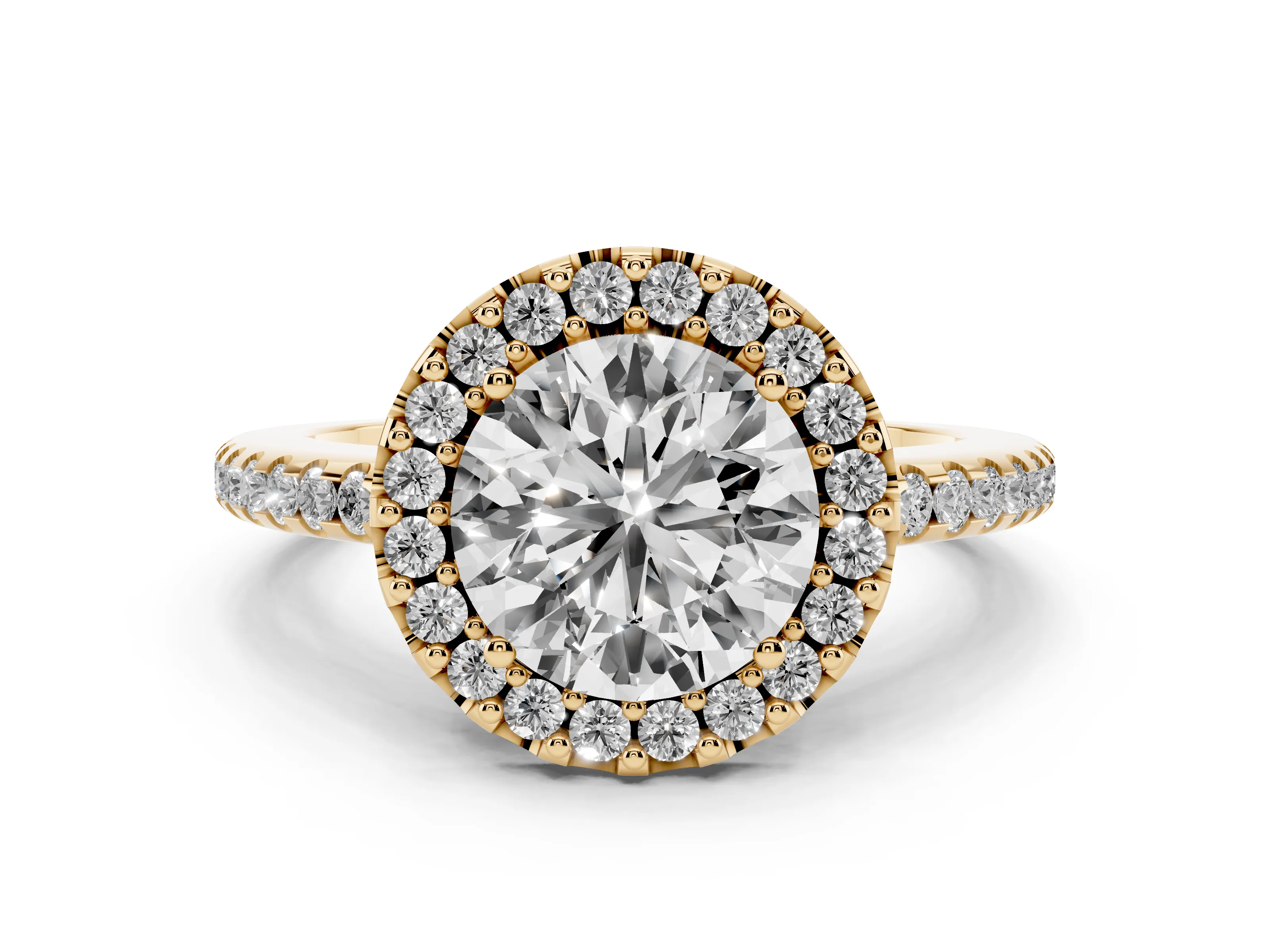 Round Cut Diamond Pavé Halo Ring Set in Yellow gold with Prong Setting