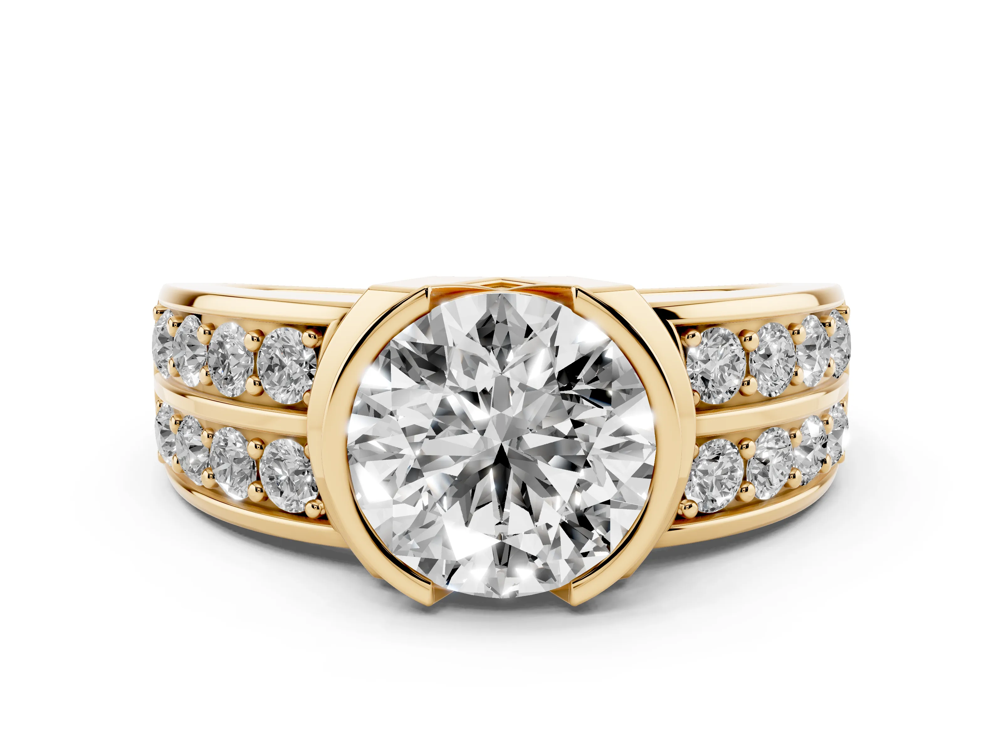 Round Cut Diamond Wide Channel Set Band Ring Set in Yellow gold with Bezel Setting