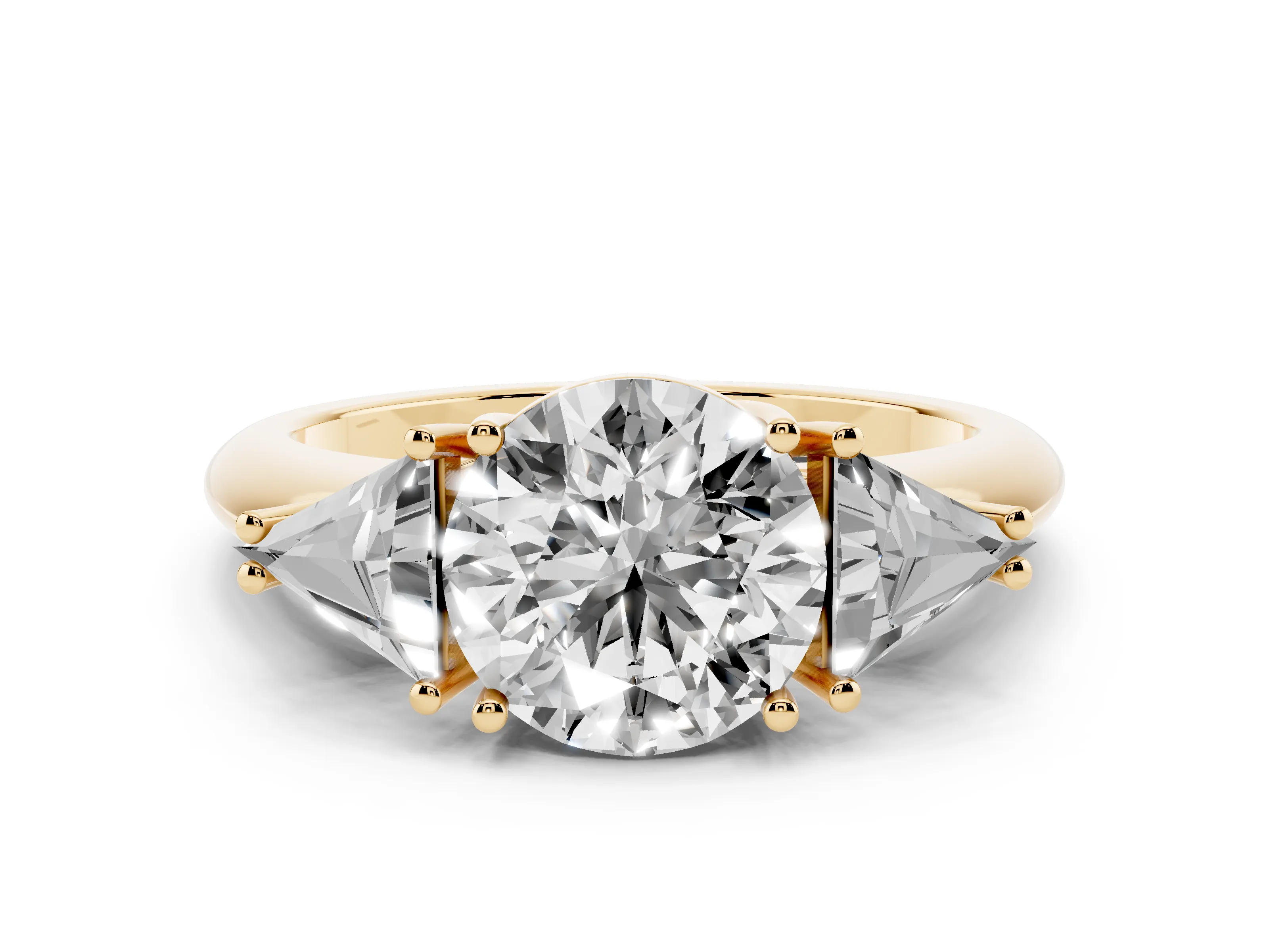 Round Cut Diamond Three-Stone Engagement Ring Set in Yellow gold with Trillion Side Stones