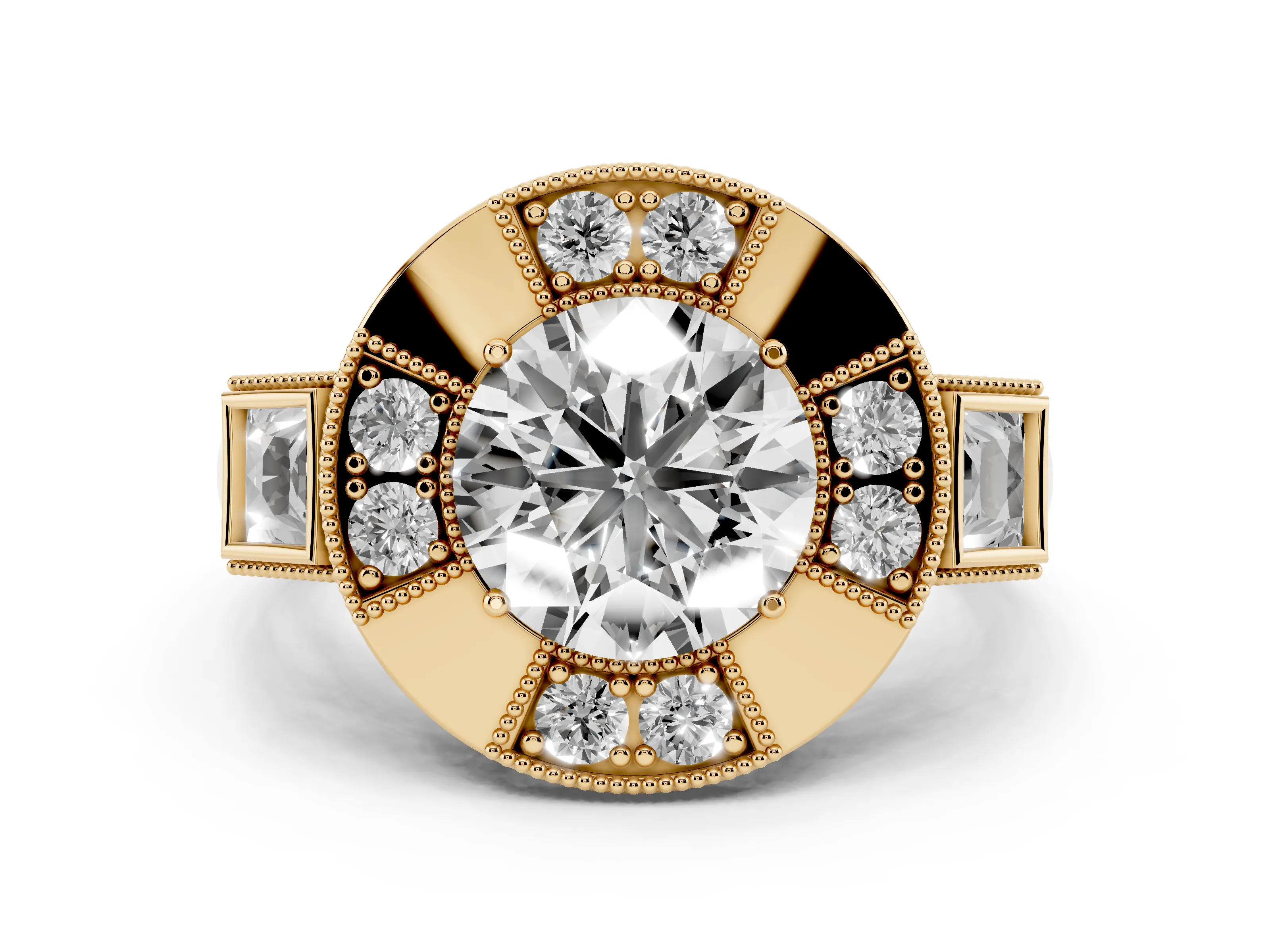 Round Cut Diamond Milgrain Halo Ring Set in Yellow gold with Split Shank