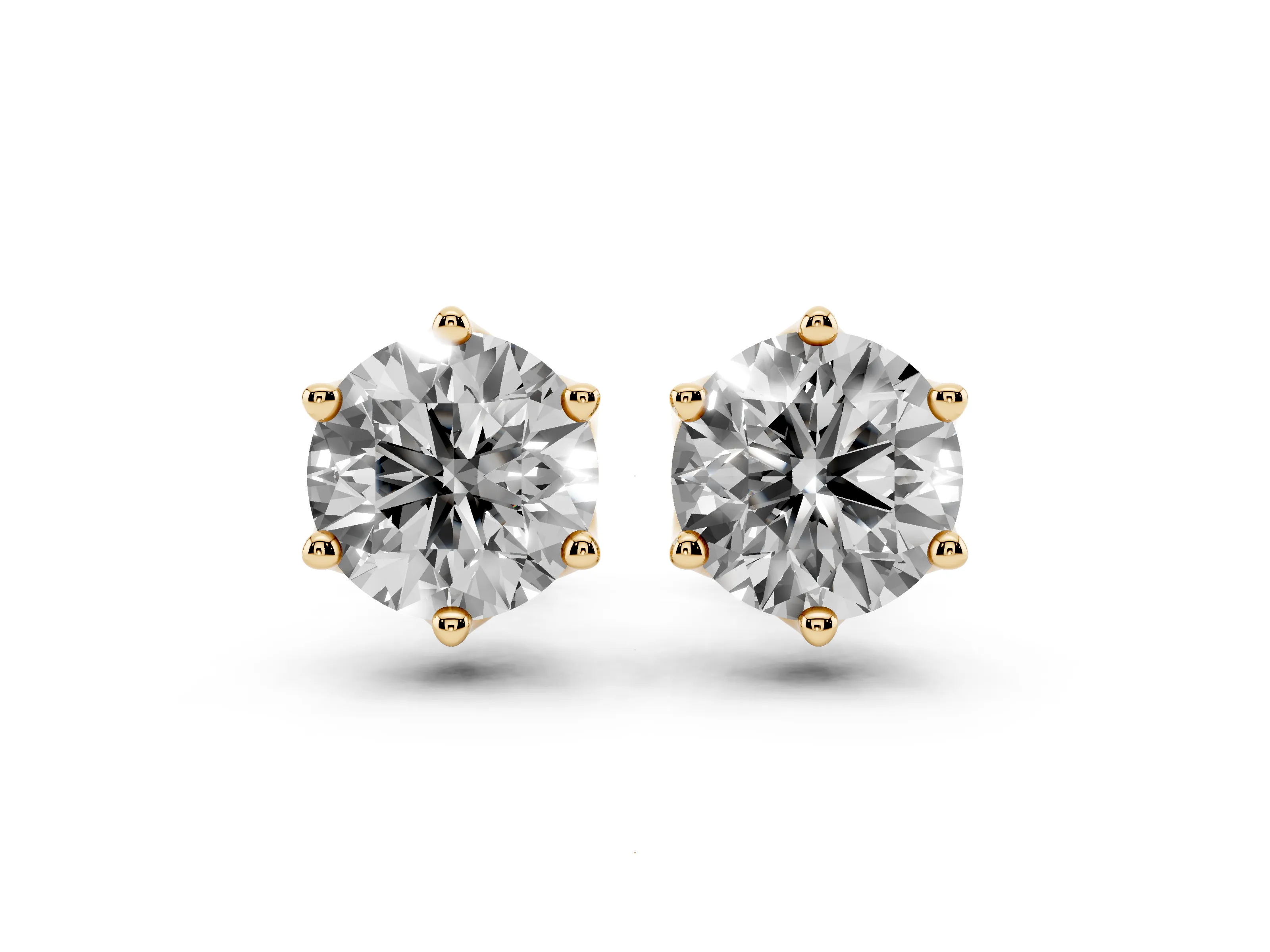 Round Diamond Six-Prong Flower Petal Solitaire Stud Earrings Set in Yellow gold