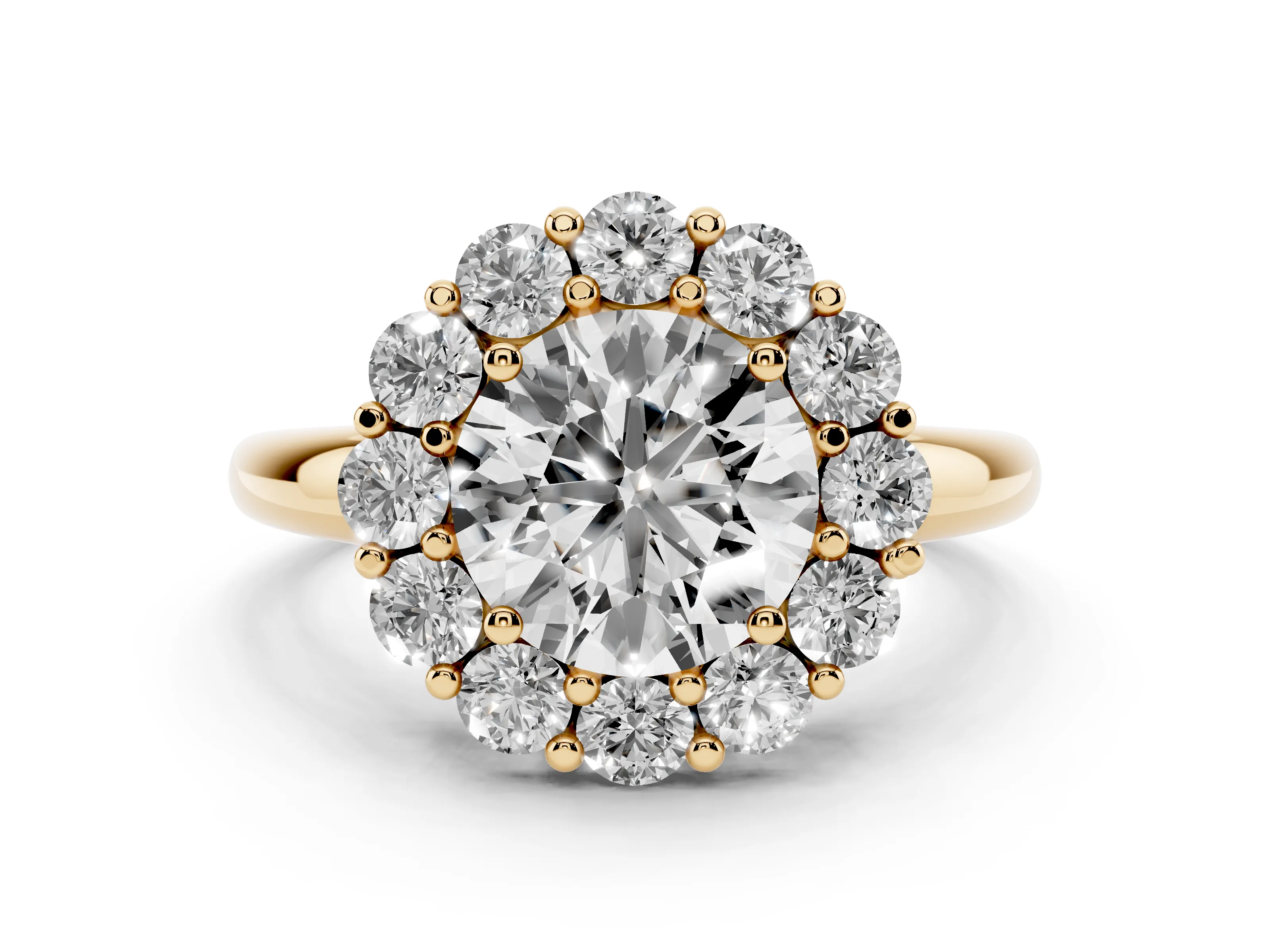Round Cut Diamond Halo Cluster Engagement Ring Set in Yellow gold with Polished Band and Prong Setting