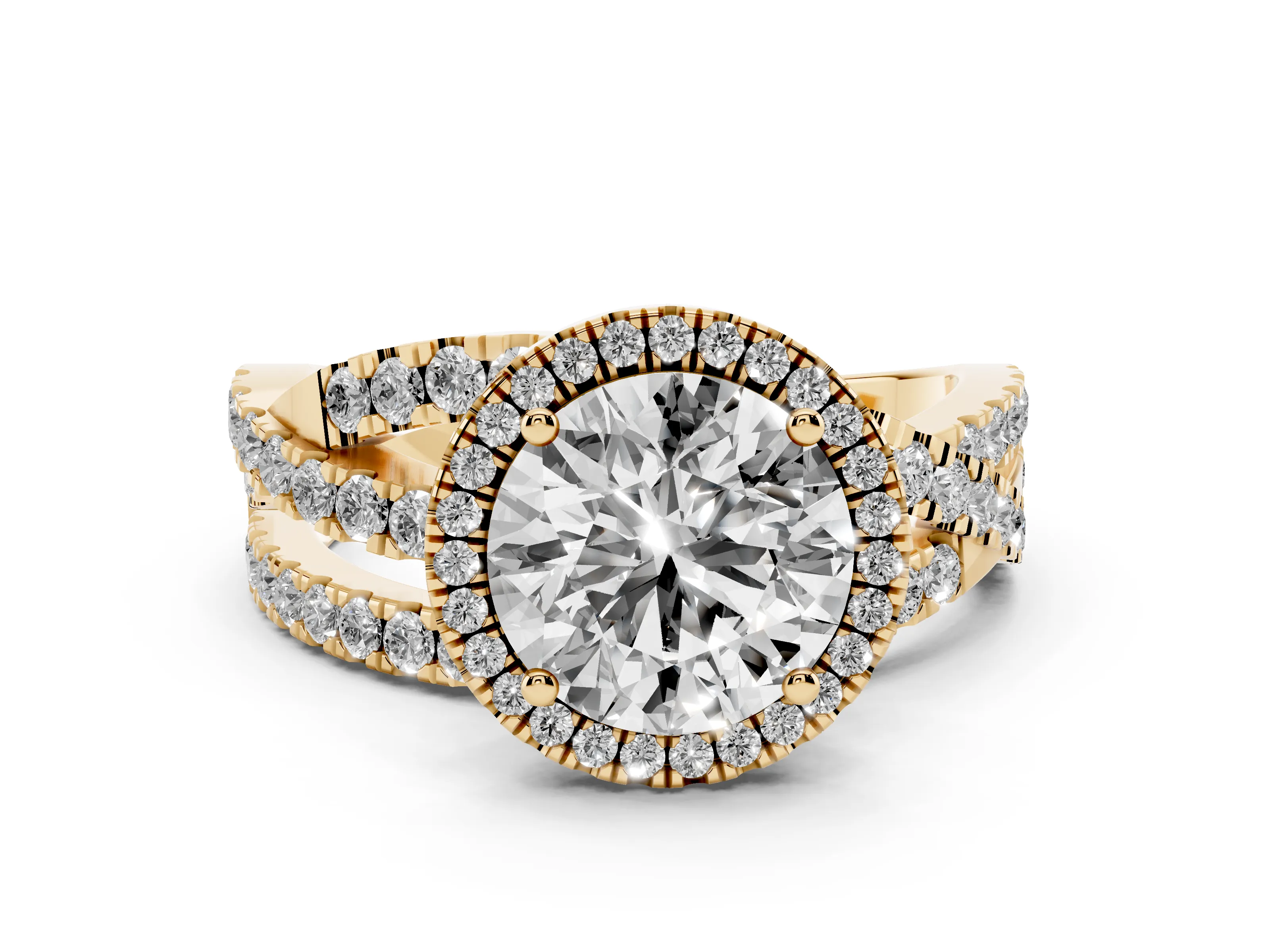 Round Cut Diamond Halo Ring Set in Yellow gold with Round Crossover Split Shank and Prong Setting
